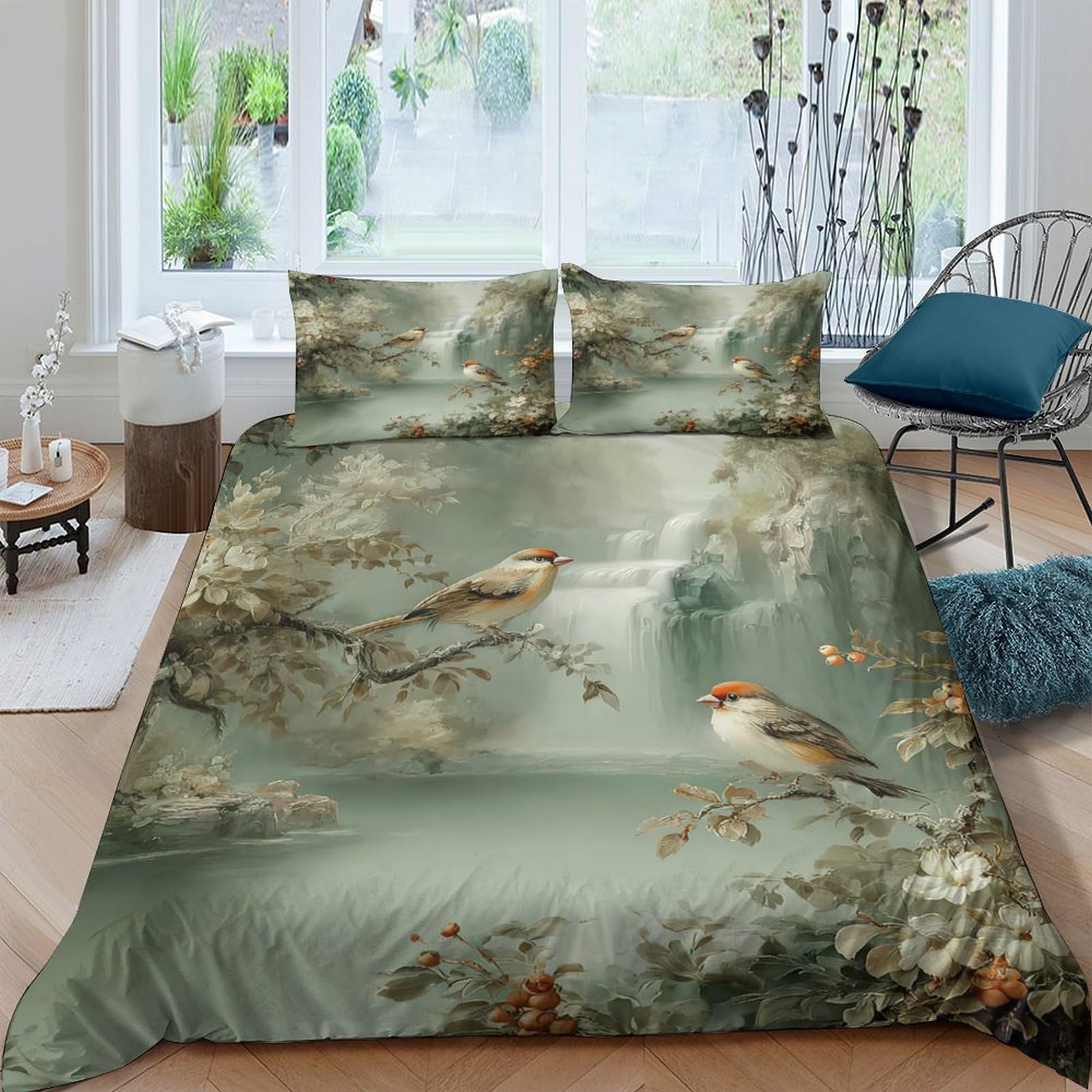 GPLZQXKJNH 3D Printed Forest Bird Duvet Cover Set Microfiber Soft Breathable Nature Branches Bedding Set with 2 Pillowcases for Bedroom Decor Single（135x200cm）
