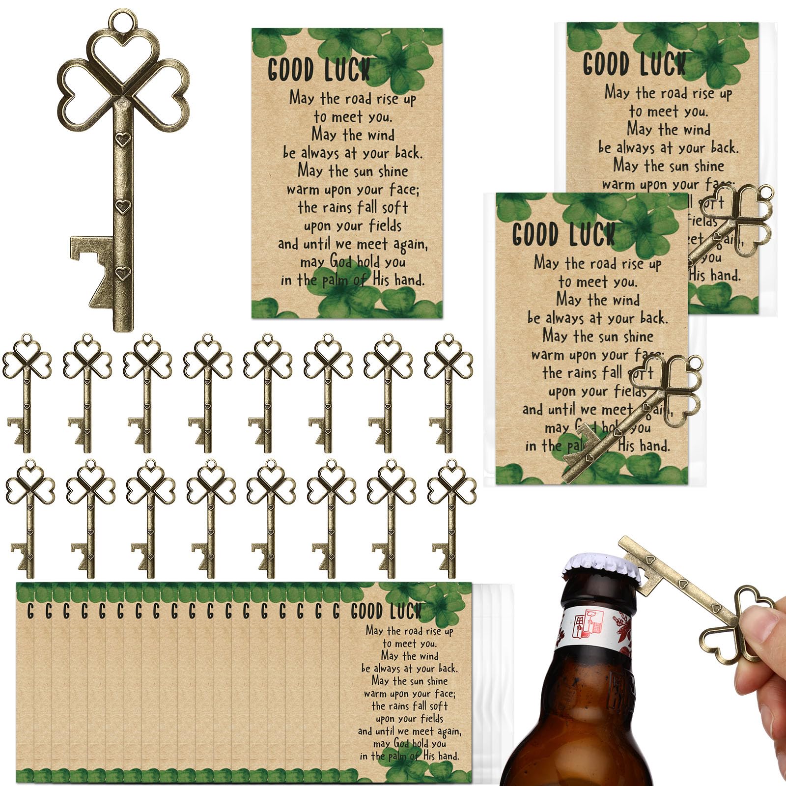 Vesici 40 Set St Patricks Day Bulk Shamrock Skeleton Key Beer Bottle Opener with Good Luck Clover Cards Vintage Irish Party Favors Appreciation Gift