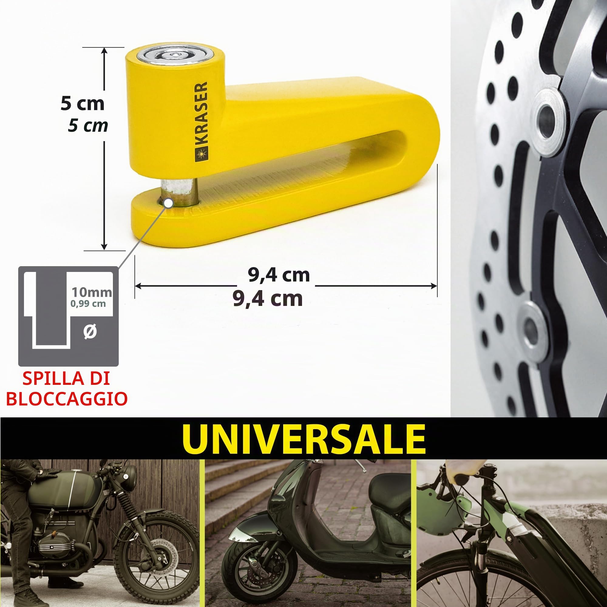 KRASER KR710Y Bloccadisco per Moto, Giallo ø10mm Più Deterrente, Serratura Anti-trapano, Sicurezza Compatta Facile da Trasportare, Lucchetto Antifurto Moto, Scooter, Bicicletta Elettrica, Monopattino