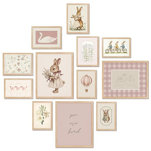 TwoDays Vintage Nursery Decor for Baby Girls, Pink Rabbit Bunny Wall Art for Toddler Kids Playroom, Swan Animals Posters for Bedroom (Multi Sizes, Set of 12, 8 × 10 Largest, UNFRAMED)
