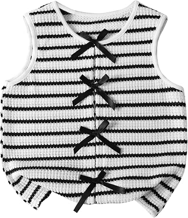 Girls Tank Tops Knit Striped Shirts Cute Sleeveless Vest Casual Summer with Ribbon Bow