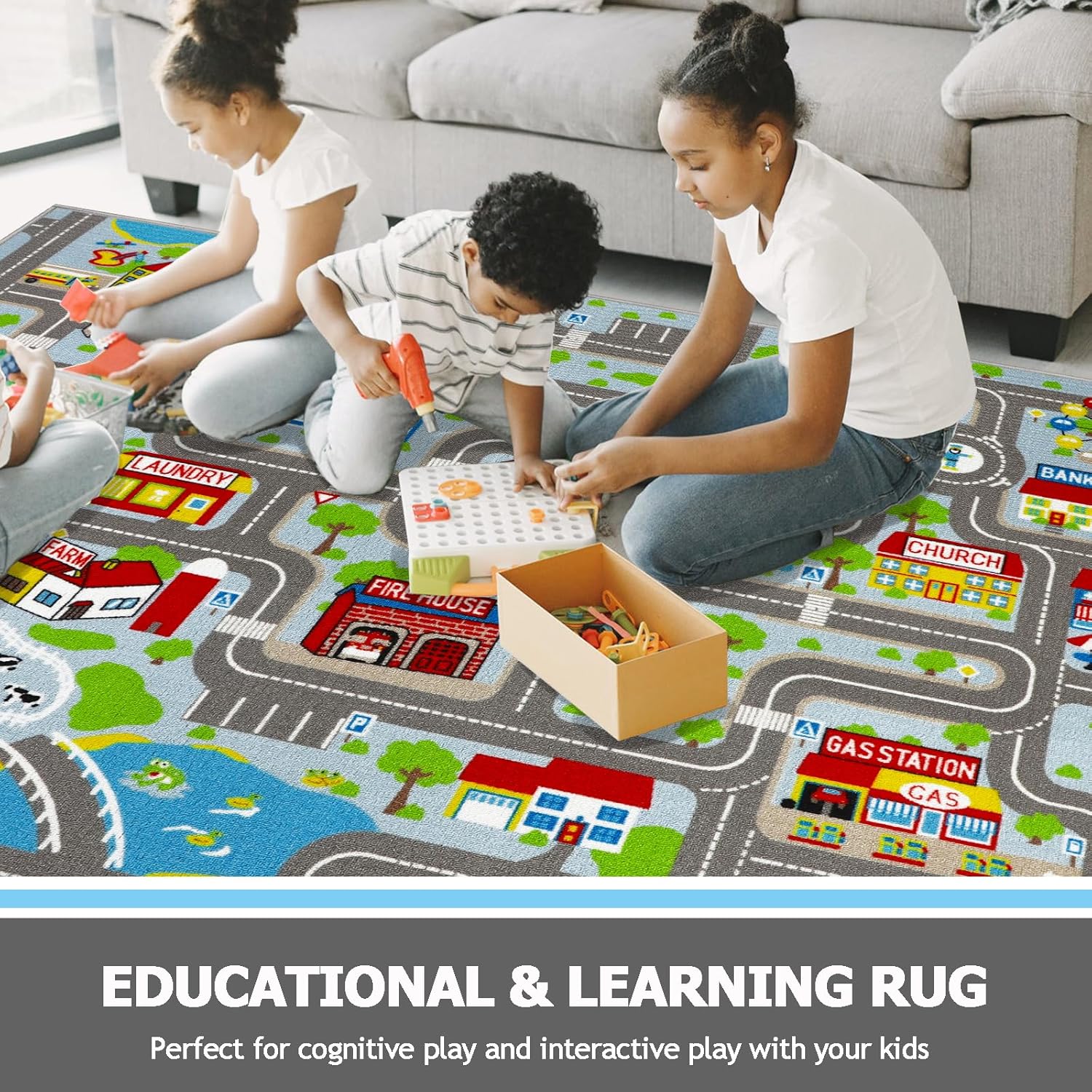 Capslpad Sky Blue Car Road Kid Rug Carpet Playmat for Playoom Traffic Road Kids Play Mat for Toddler Non Slip Washable City Map Race Track Carpet Rug for Kids Room Bedroom Nursery Room Decor,6.6'x5'