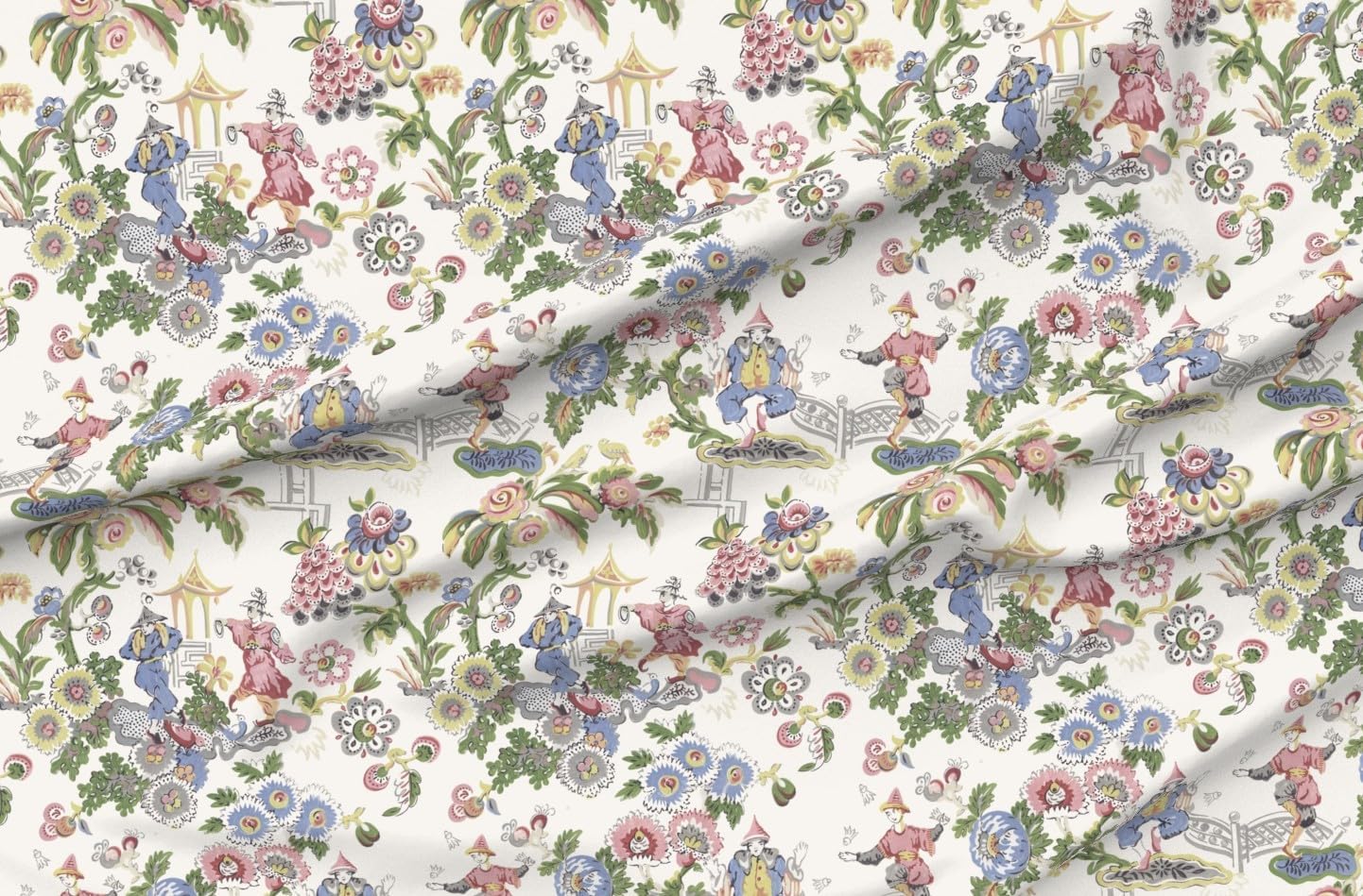 Spoonflower Fabric - Chinoiserie Traditional Classic Elegant Pink Green Blue Sophisticated Printed on Petal Cotton Fabric Fat Quarter - Sewing Quilting Apparel Crafts Decor