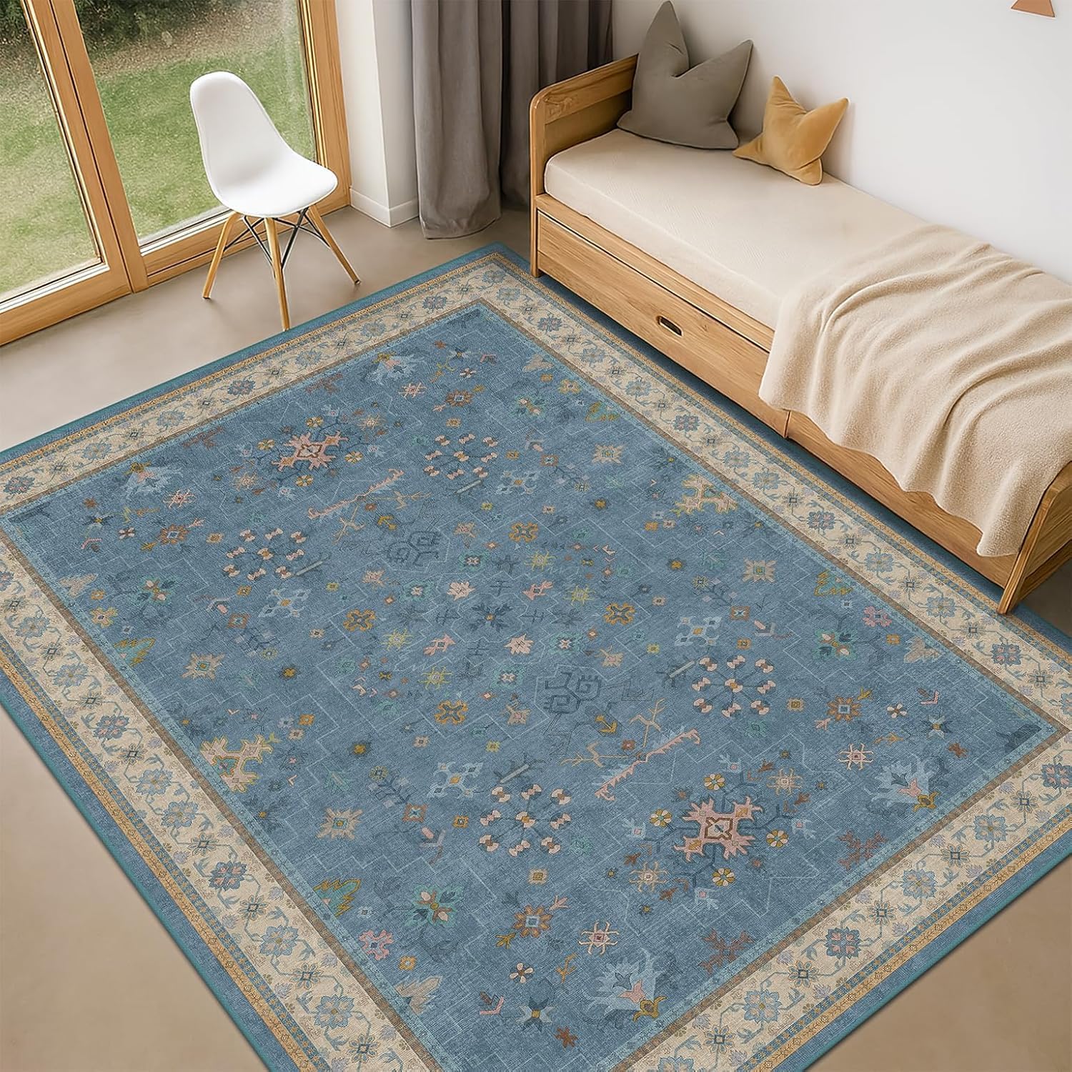 Tapis vintage bleu et beige 150x150 cm carré lavable pour salon