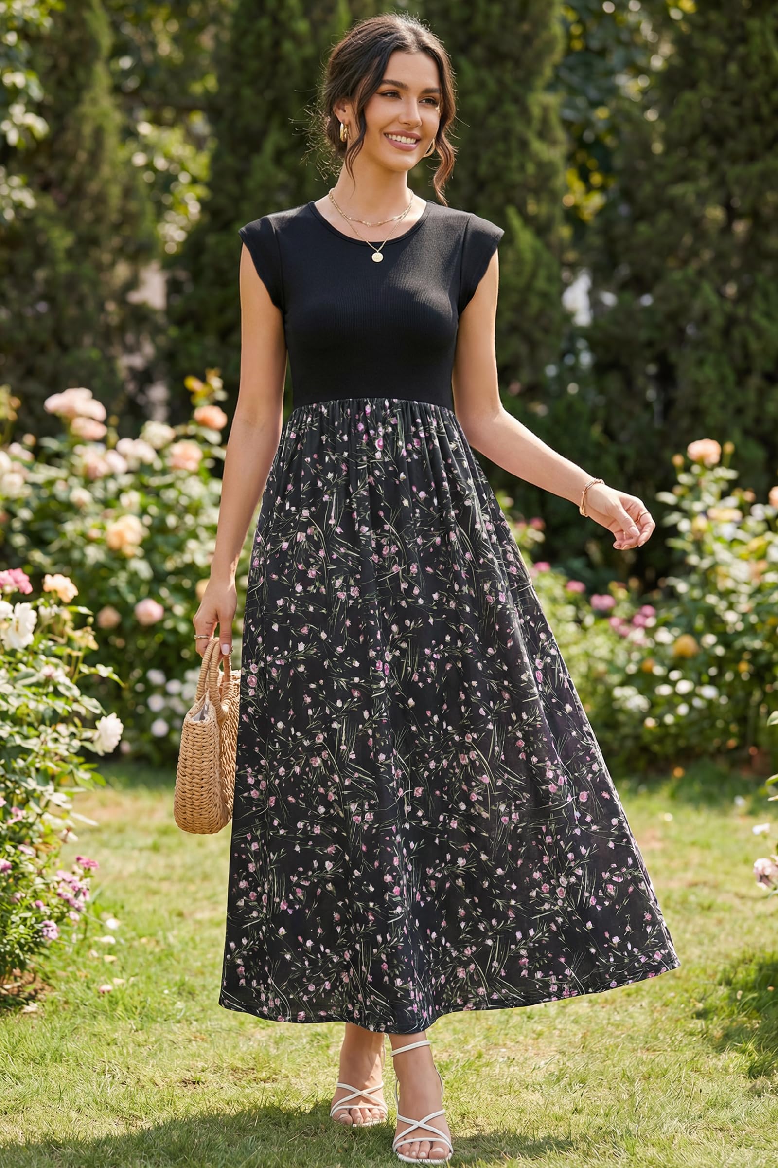 OUGES Sommerkleid Damen Lang Rüschen Maxikleid Elegant Sommer Kleid mit Taschen