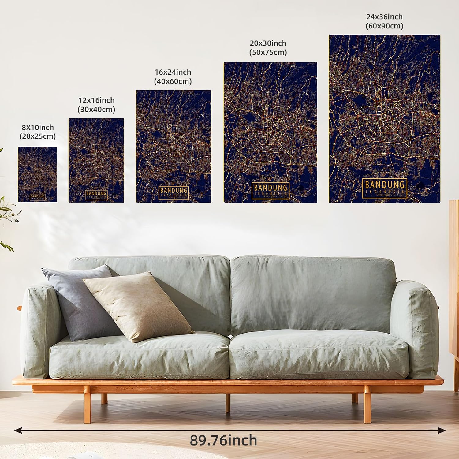 Framed Bandung Indonesia City Map Poster Canvas Print Art Modern Pictures Wall Art Contemporary Painting Art Print Exquisite Home Decor Wall Decoration for Office Living Room (Wood Framed,12L x 16W)