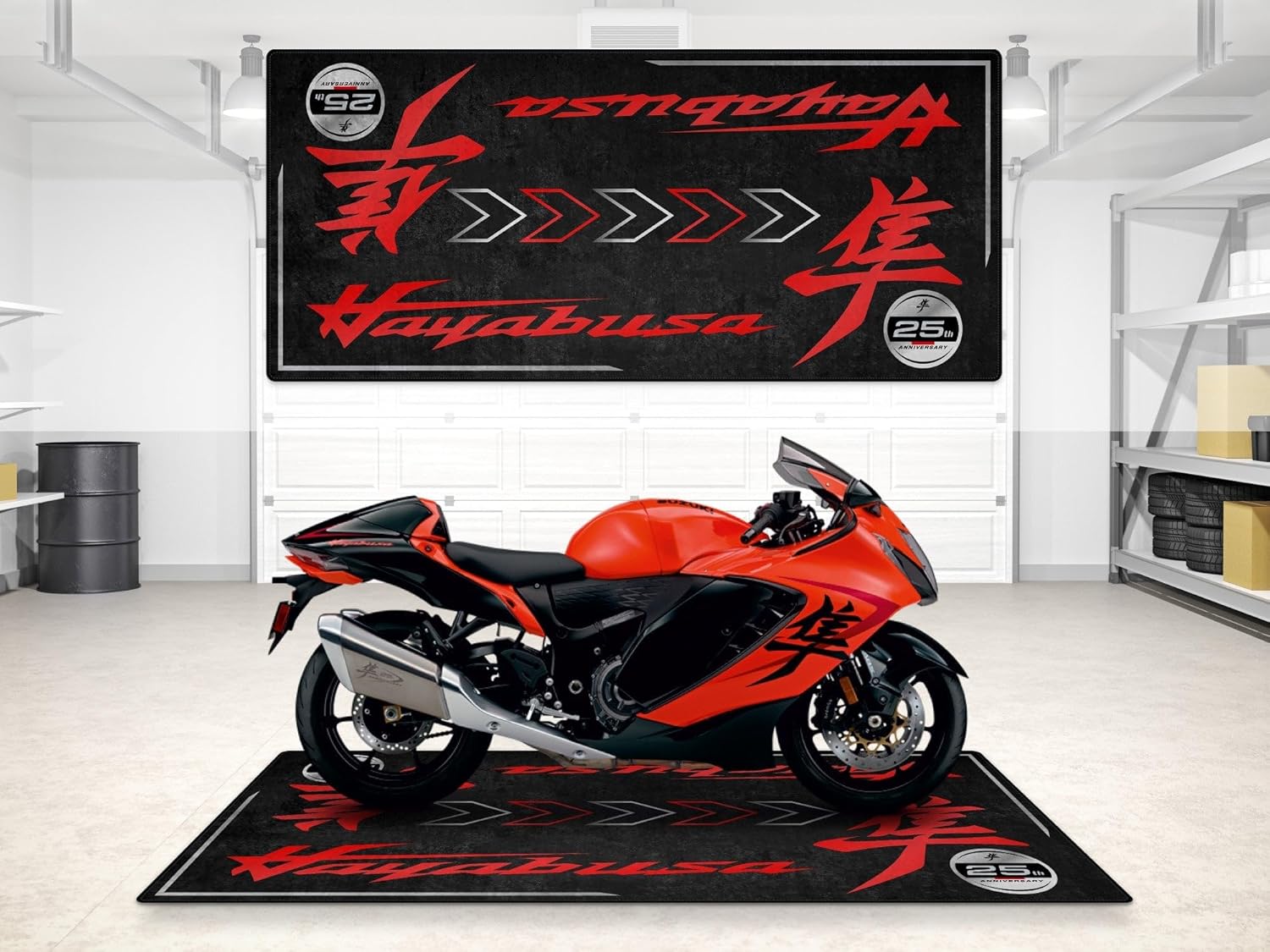 MPM Motorcycle Mat for Hayabusa 25th Anniversary Edition Washable Non-Slip Oil & Water Resistant Parking Pitmat for Garage, Showroom, Workshop Use | Size 2: 102 x 47/260 x 120 cm