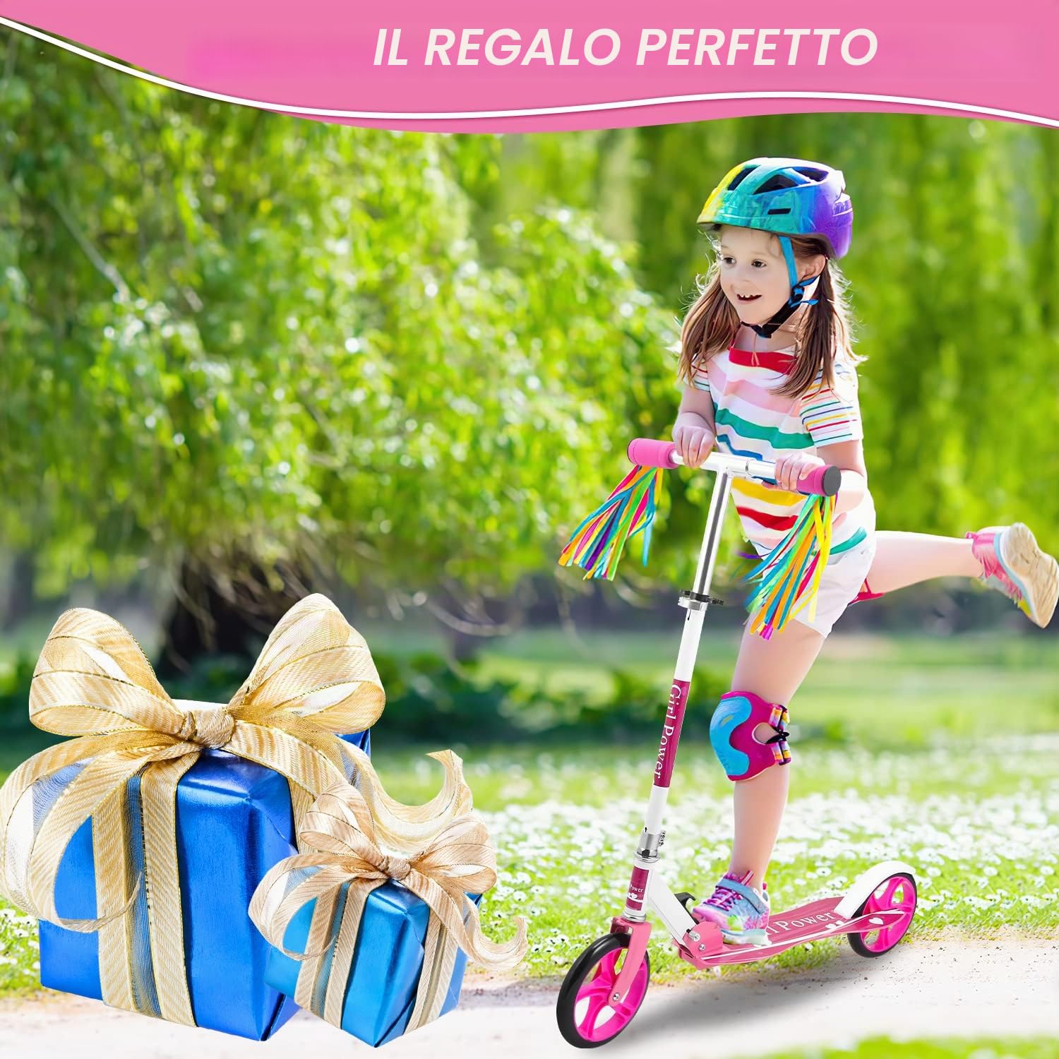 Monopattino per bambini, regolabile in altezza per 5 anni, monopattino per bambini con ruote da 190 cm, pieghevole con tracolla