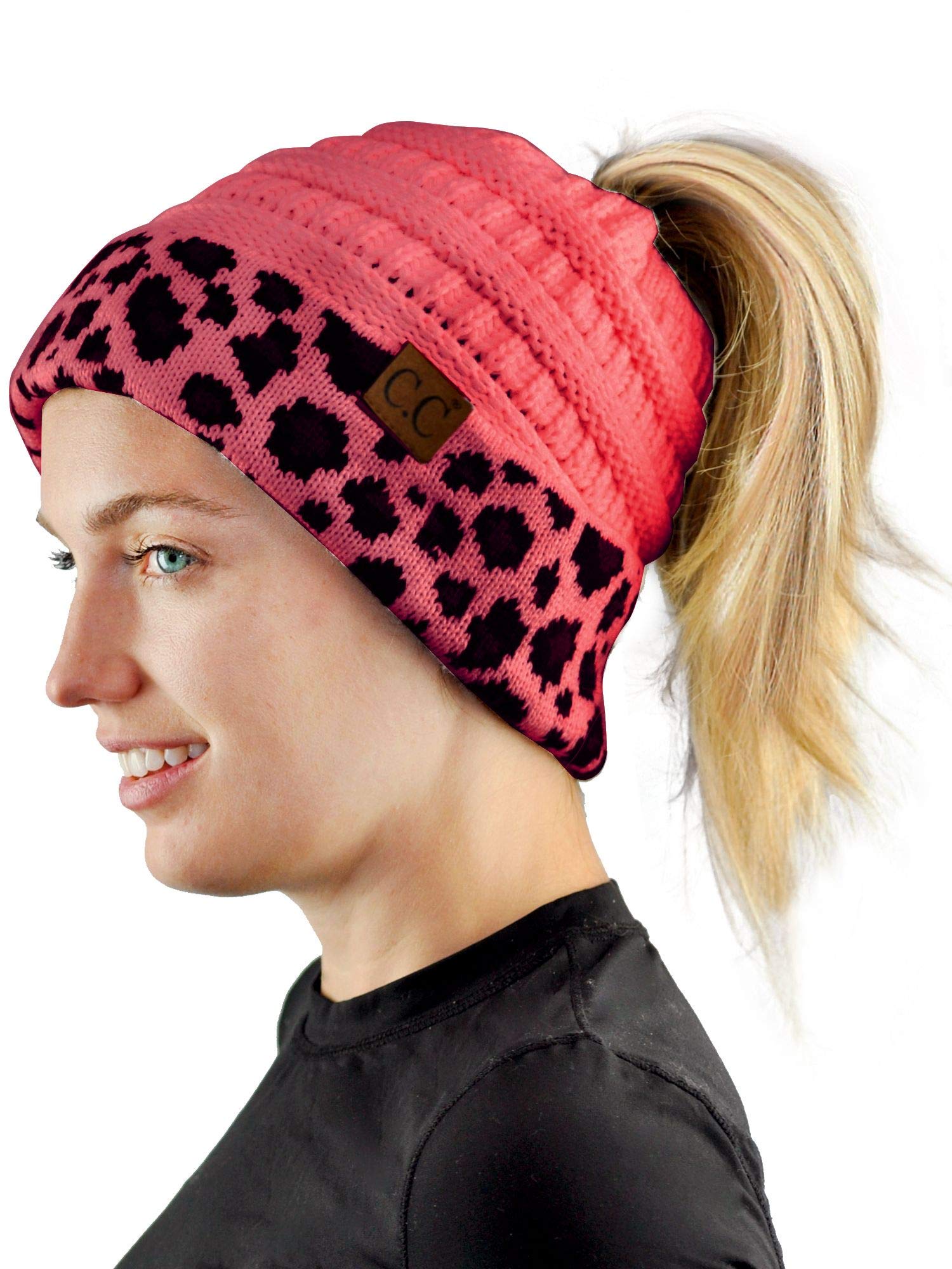 C.CBeanieTail Cable Knit Messy High Bun Ponytail Cuff Beanie Hat