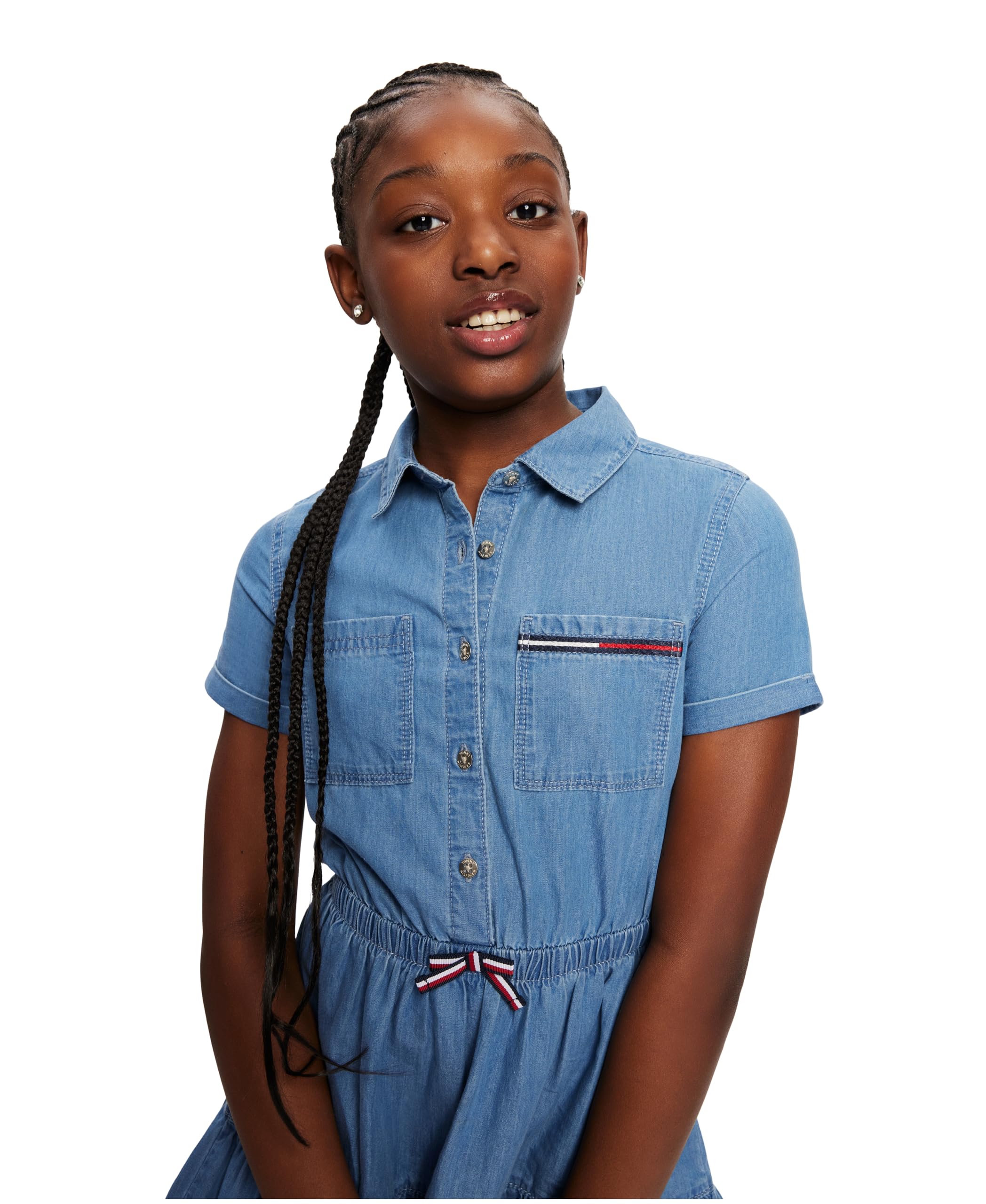 Tommy Hilfiger Short Sleeve Lightweight Denim Dress, Collared with Cinched Waist Vestito Bambina