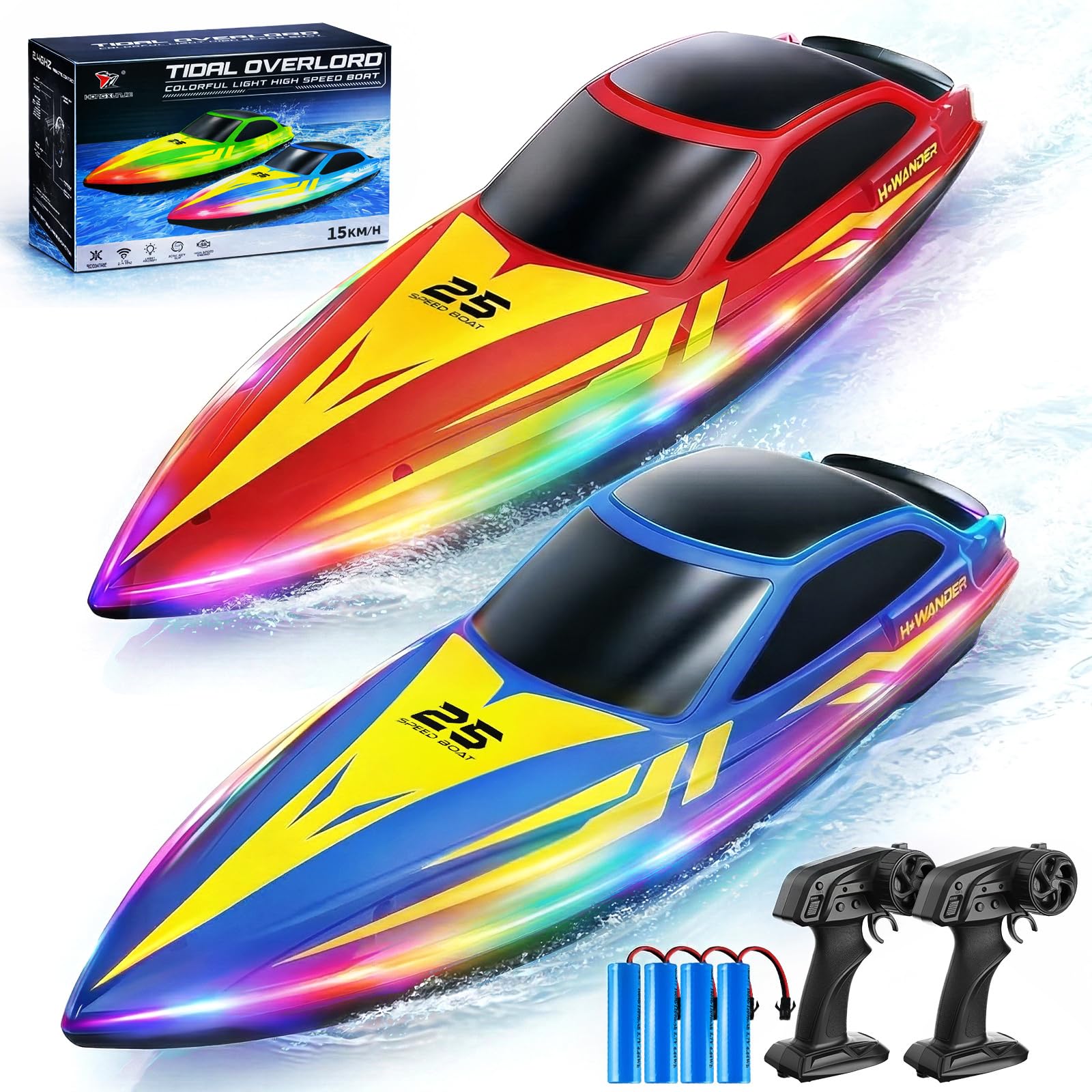 Photo 1 of **MISSING ONE SET** YESHIN RC Boat for Kids, 2-Pack Remote Control Boats with 7-Mode Light, 15 KPH Fast Speed Boats for Pool & Lake, Low Battery & Out-of-Range Alert, Waterproof, Summer Toys Ideals Gift for Adults