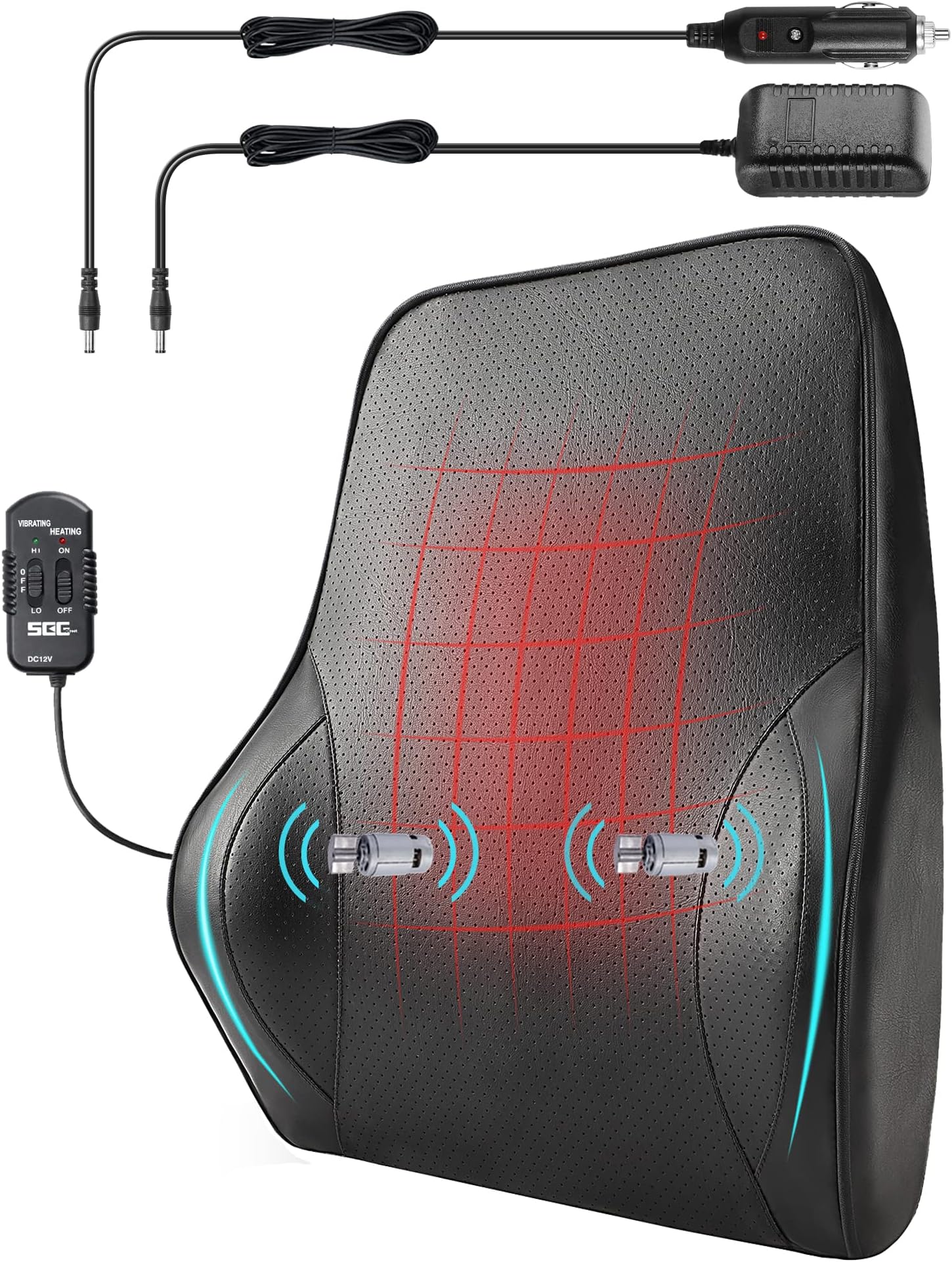 SEG Direct Lumbar Support Pillow for Car, Back Support with Vibrating Motors 12V, for Driving Fatigue Back Pain Relief, Memory Foam with Leather Cover, for Car Seat Home Office Chair