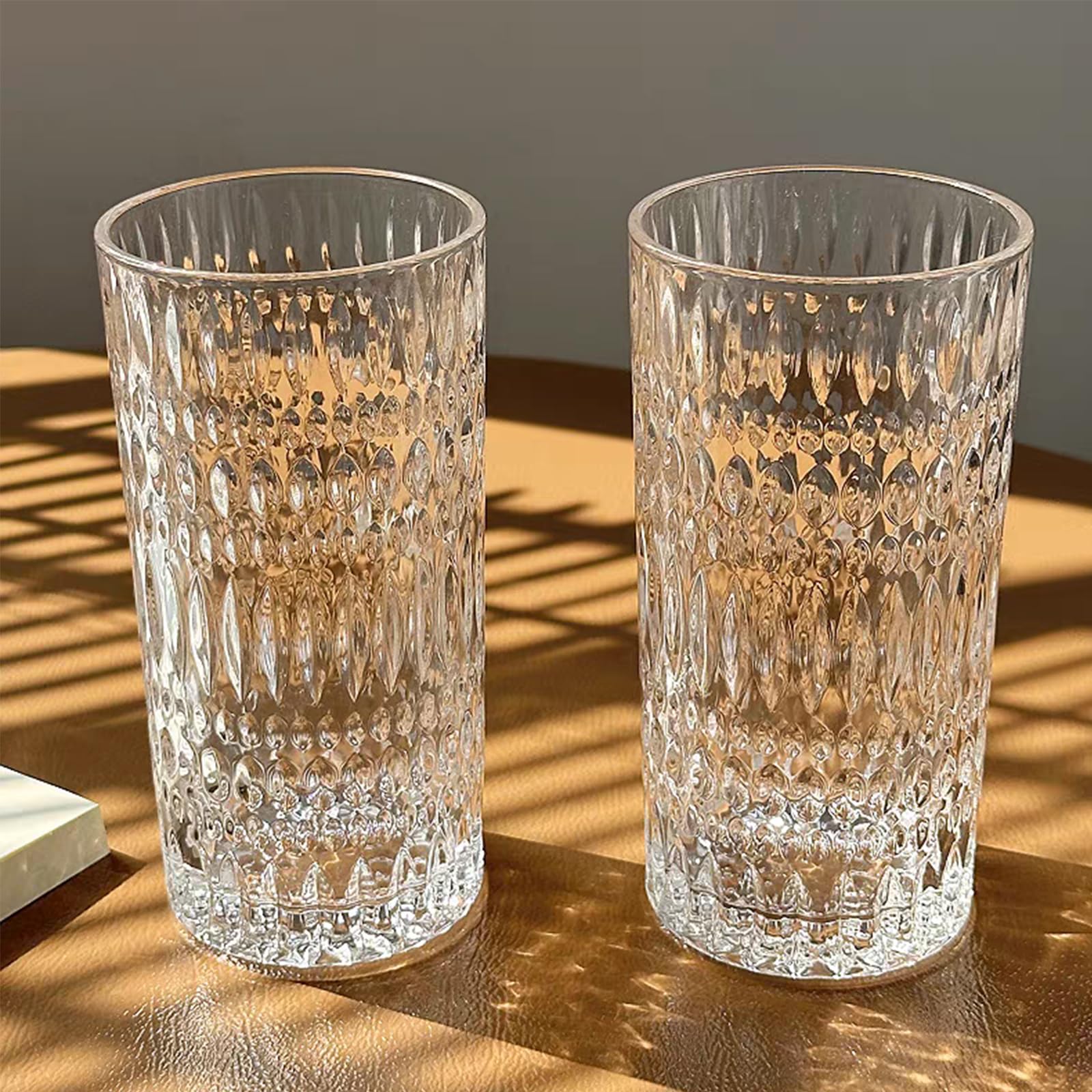 Elegantes vasos Highball, juego de 4 vasos de 15 onzas, vasos de vidrio altos únicos para fiesta, bar, cena, hotel, sin plomo, apto para lavavajillas