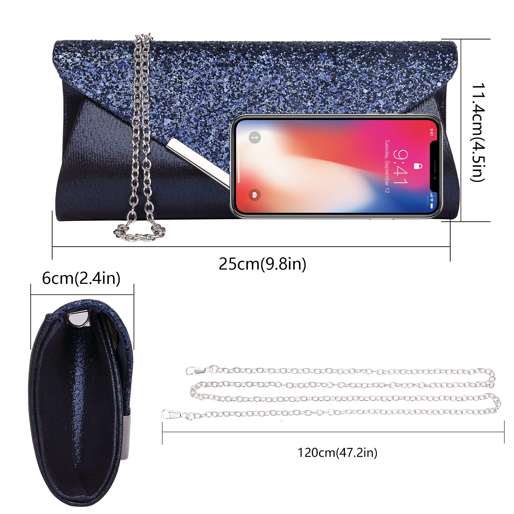 Larcenciel Pochette Donna, Borse da Sera Glitterata con Catena Staccabile, Borsa a Tracolla con Paillettes, Borsa alla Moda, Busta Elegante, borse a Spalla per Ballo di Fine Anno, Festa (Blu)