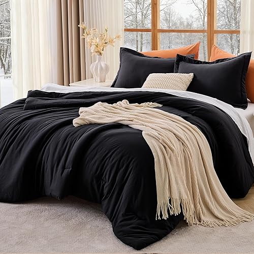 MUXHOMO Juego de edredón Queen de 3 piezas, edredón negro para cama tamaño Queen, juego de ropa de cama suave y cálido para todas las estaciones, 1
