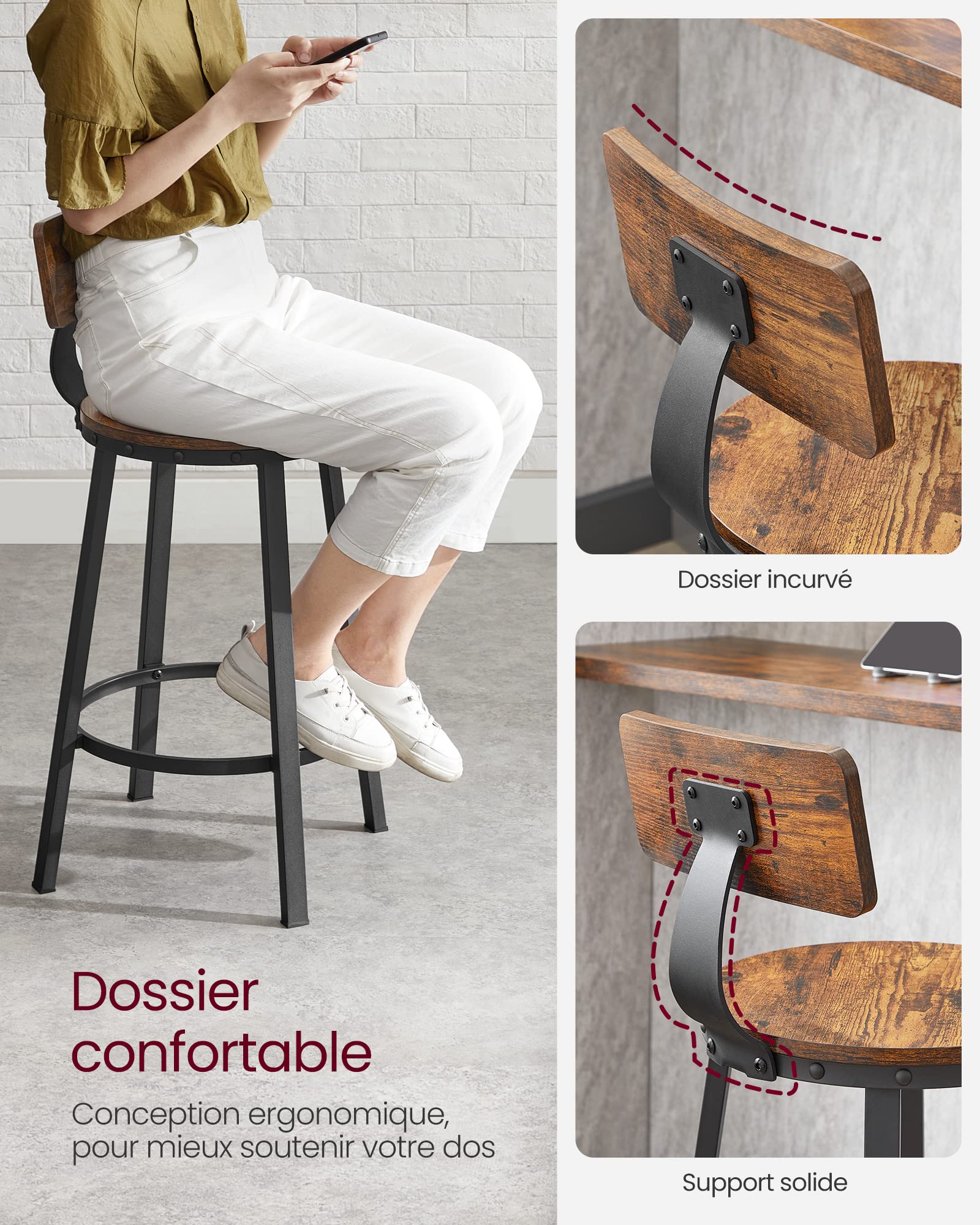VASAGLE Ensemble Table Haute avec 2 Tabourets de Bar, Table de Bar Carrée, Table de Cuisine, Chaises de Bar, Chaise de Cuisine, Cadre en Métal, Montage Facile, Marron Rustique et Noir LBT031B01