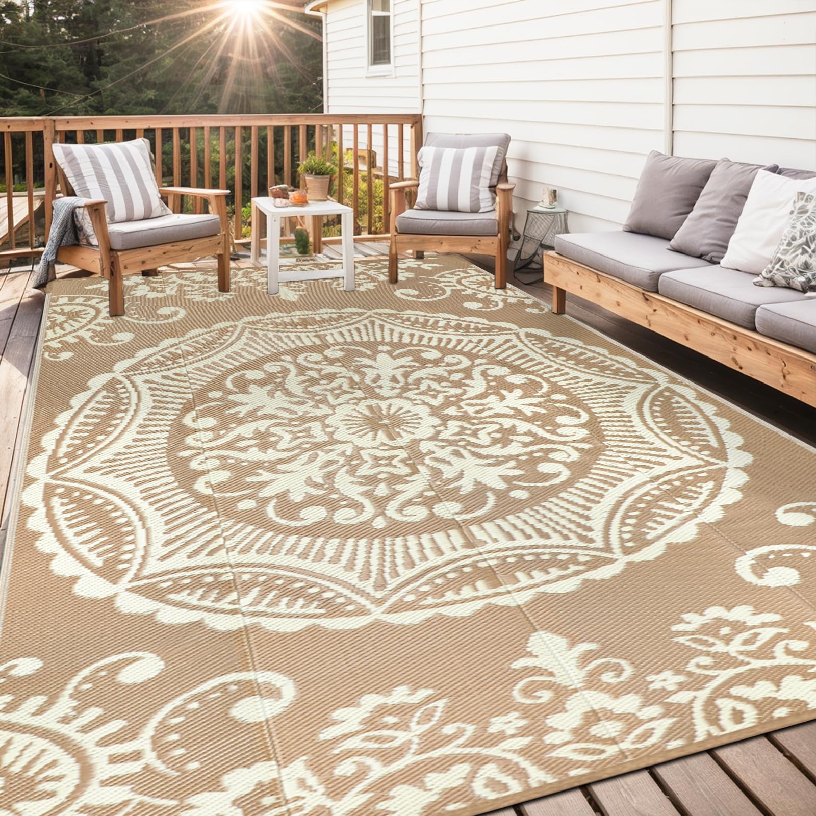 Capslpad Tappeto da campeggio da esterno beige, impermeabile, in plastica, reversibile, bohémien, floreale, balcone, pieghevole, con borsa per il trasporto, per patio, panca, picnic, portico