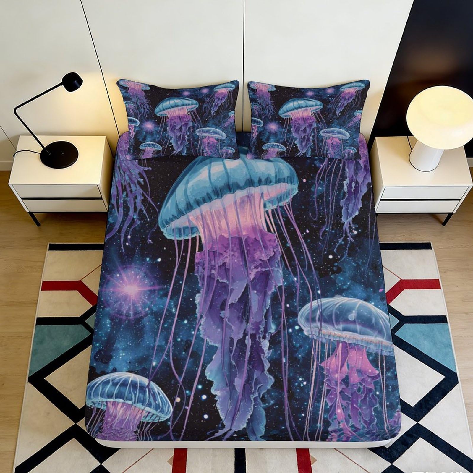 3D Printed Purple Jellyfish Fitted Sheet Microfiber Soft Slip-Resistant Cosmic Ocean Mattress Cover for Bedroom Guest Room Decor 90x200x25cm