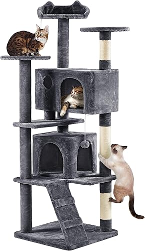 Vista 65 de Yaheetech Árbol para gatos de varios niveles de 70 pulgadas, torre alta para gatos con condominio, postes rascadores y bola colgante para gatos