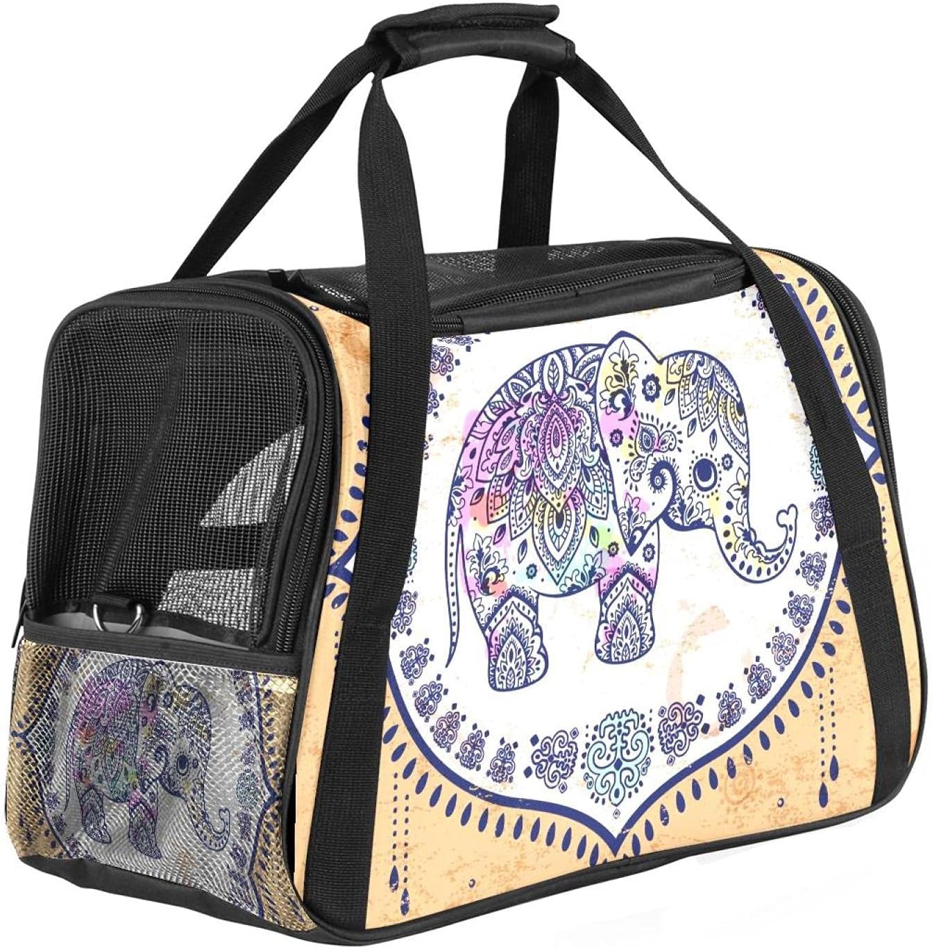 民族風 花柄 象 マンダラ ペットパック ペットキャリーバッグ 猫・小型犬用 マット付き 通気性 軽量 携帯しやすい 車載/旅行/通