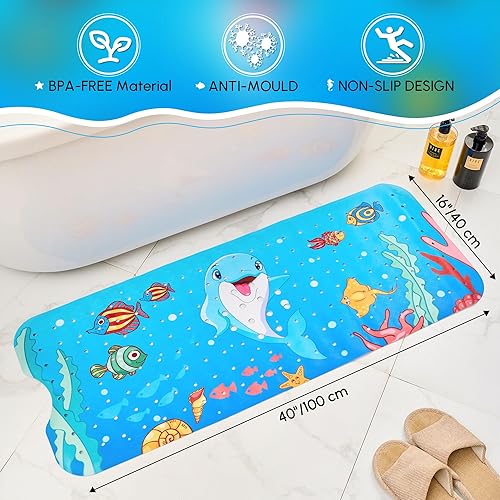 Miniatura 3 de Vannokor Tapete de baño para bebé antideslizante para niños, tapete de baño extra largo de 40 x 16 pulgadas con orificios de drenaje y ventosas,
