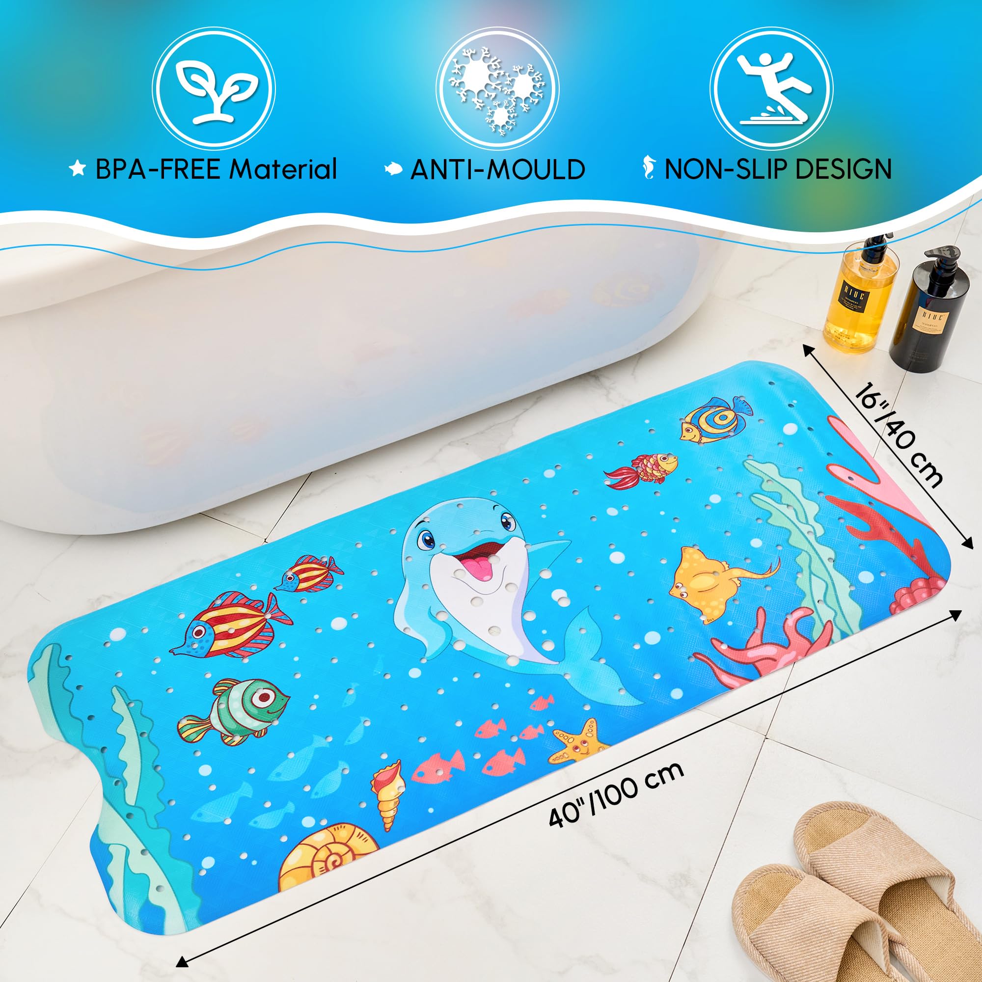 Alfombrilla de baño para bebé antideslizante para niños, 40 x 16 pulgadas, extra larga, con agujeros de drenaje y ventosas, alfombrilla de ducha antideslizante, lavable a máquina, delfín
