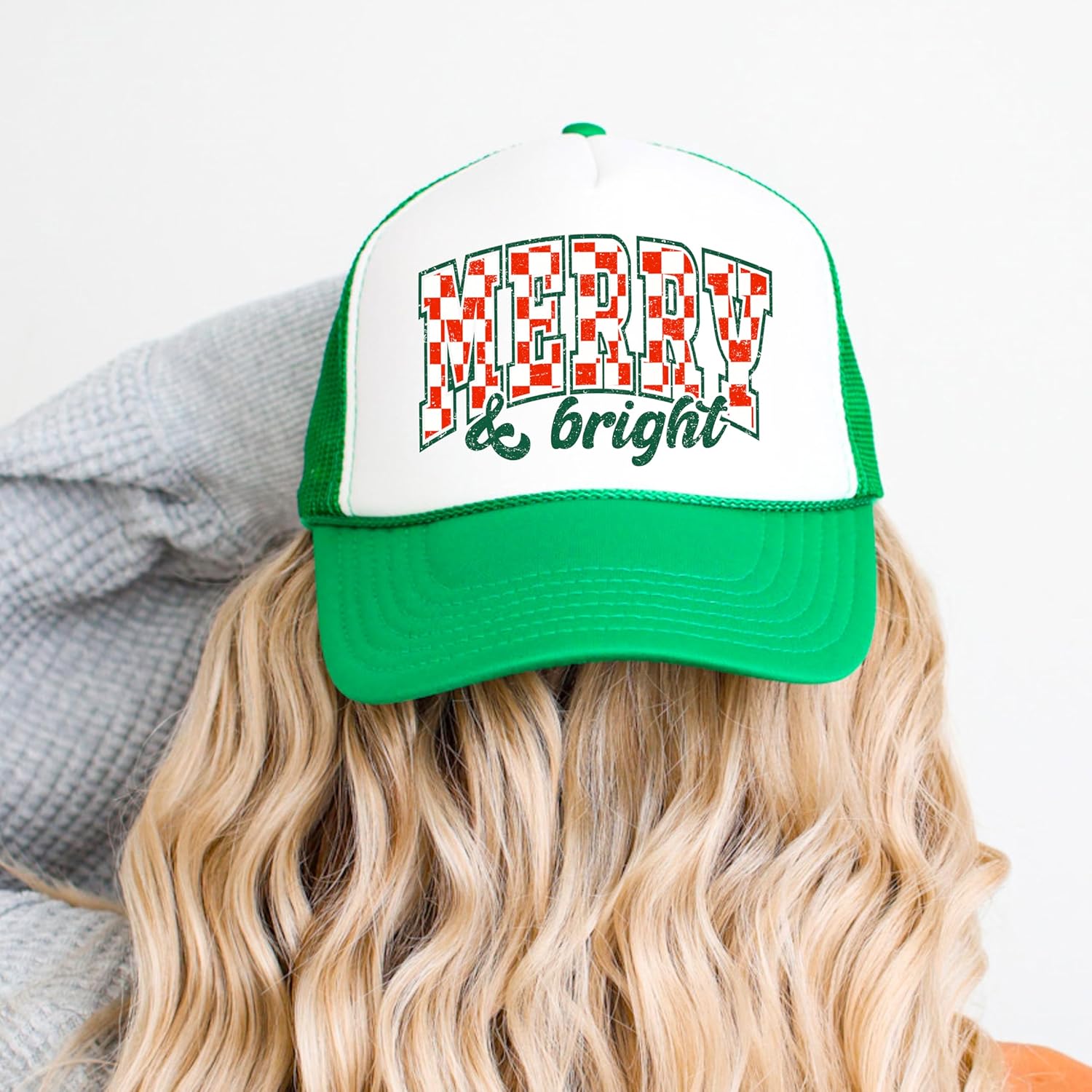 Vintage Merry and Bright Check Trucker Hat Retro Unisex Christmas Hat