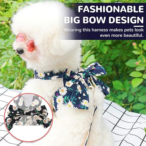 Miniatura 2 de Juego de arnés y correa para perro con nudo de lazo sin tirones, arnés floral de margarita con anillo en D, juego de arnés de malla suave para