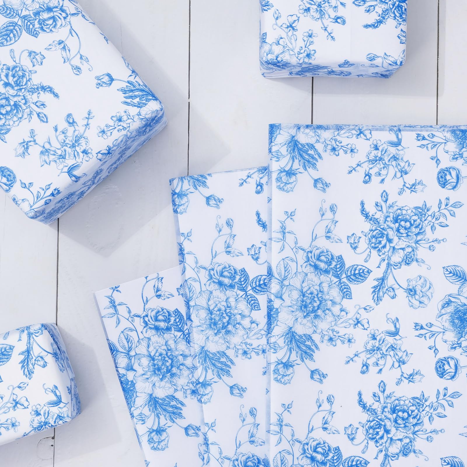 AnyDesign 100 Stück blaues Blumen-Seidenpapier weiß blaue Blume Geschenkpapier Vintage Verpackungspapier DIY Kunst Bastelpapier für Bauernhaus Zuhause Geburtstag Babyparty Party Geschenk Dekor, 35,6 x