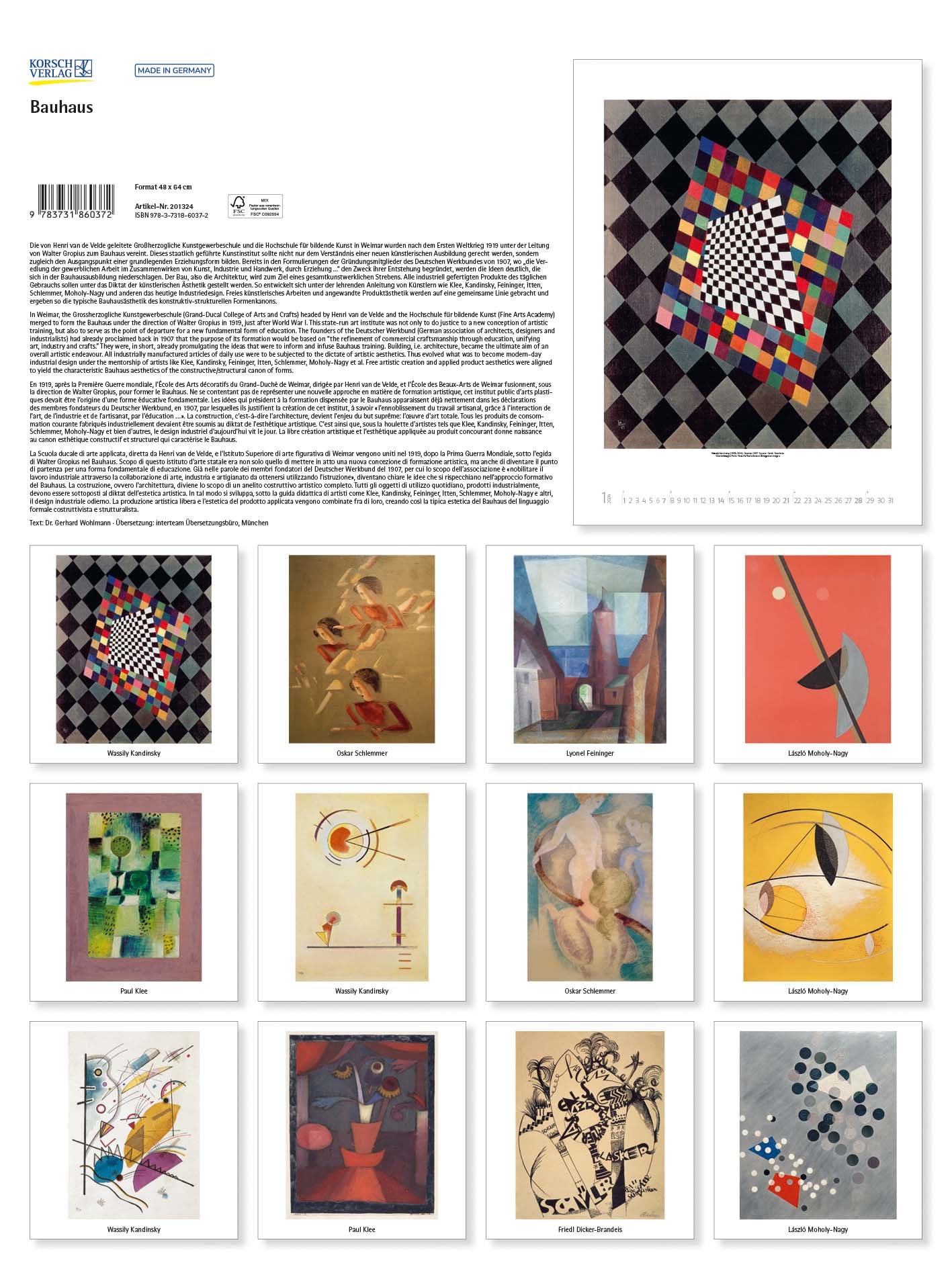Bauhaus 2024 - Calendario de pared grande de alta calidad con obras maestras del estilo Bauhaus. Formato de la galería de arte: 48 x 64 cm.