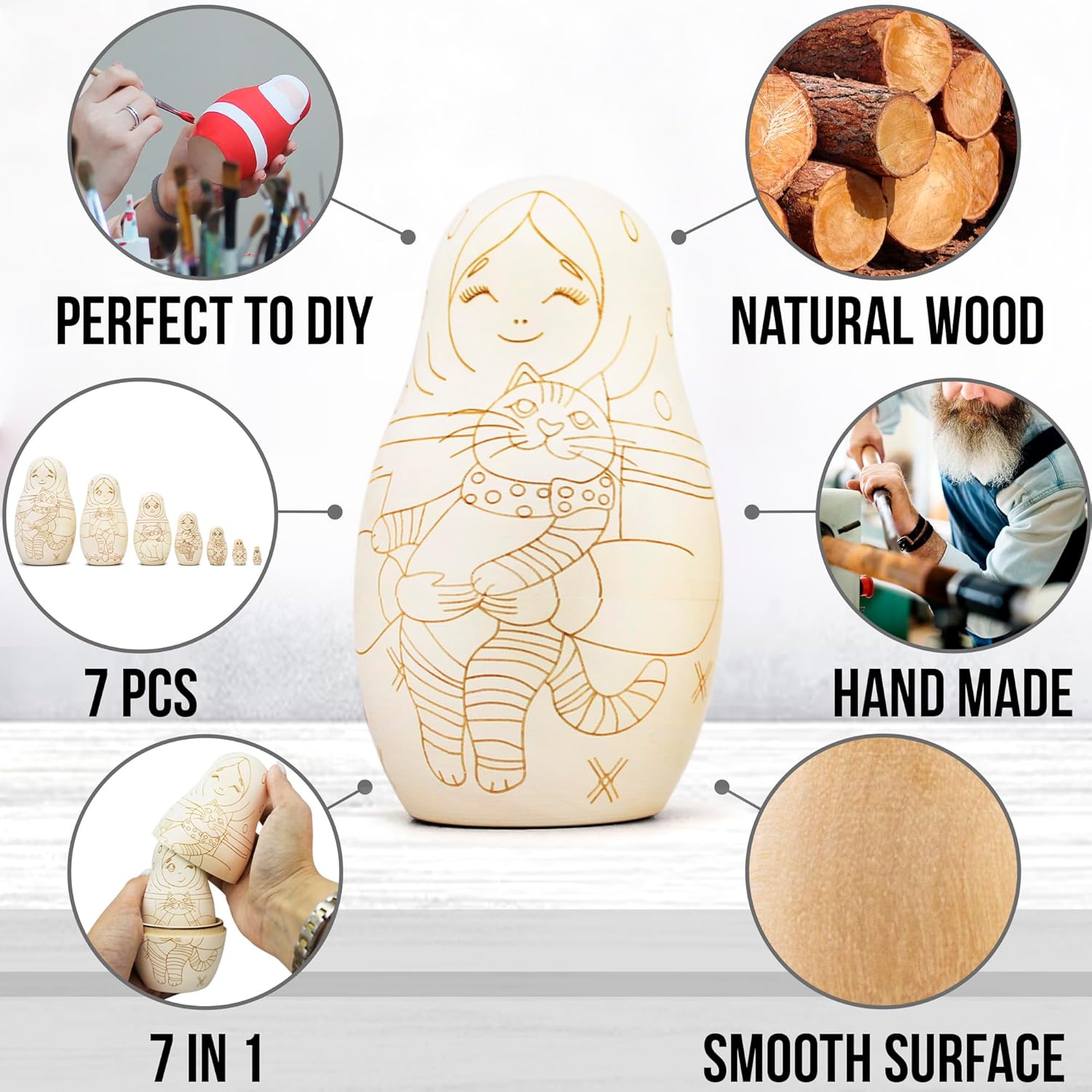 Matryoshka Unfinished Wood Crafts DIY Projects Unpainted Nesting Dolls, Blank Nesting Dolls Wooden Matryoshka for Activities Birthday Gift DIY Enthusiasts