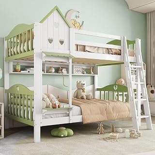 HYUB Litera infantil de 90 x 200 cm con estante abierto y ventana, litera con escalera y somier, marco de cama con protección anticaídas y espacio de almacenamiento, color blanco y verde