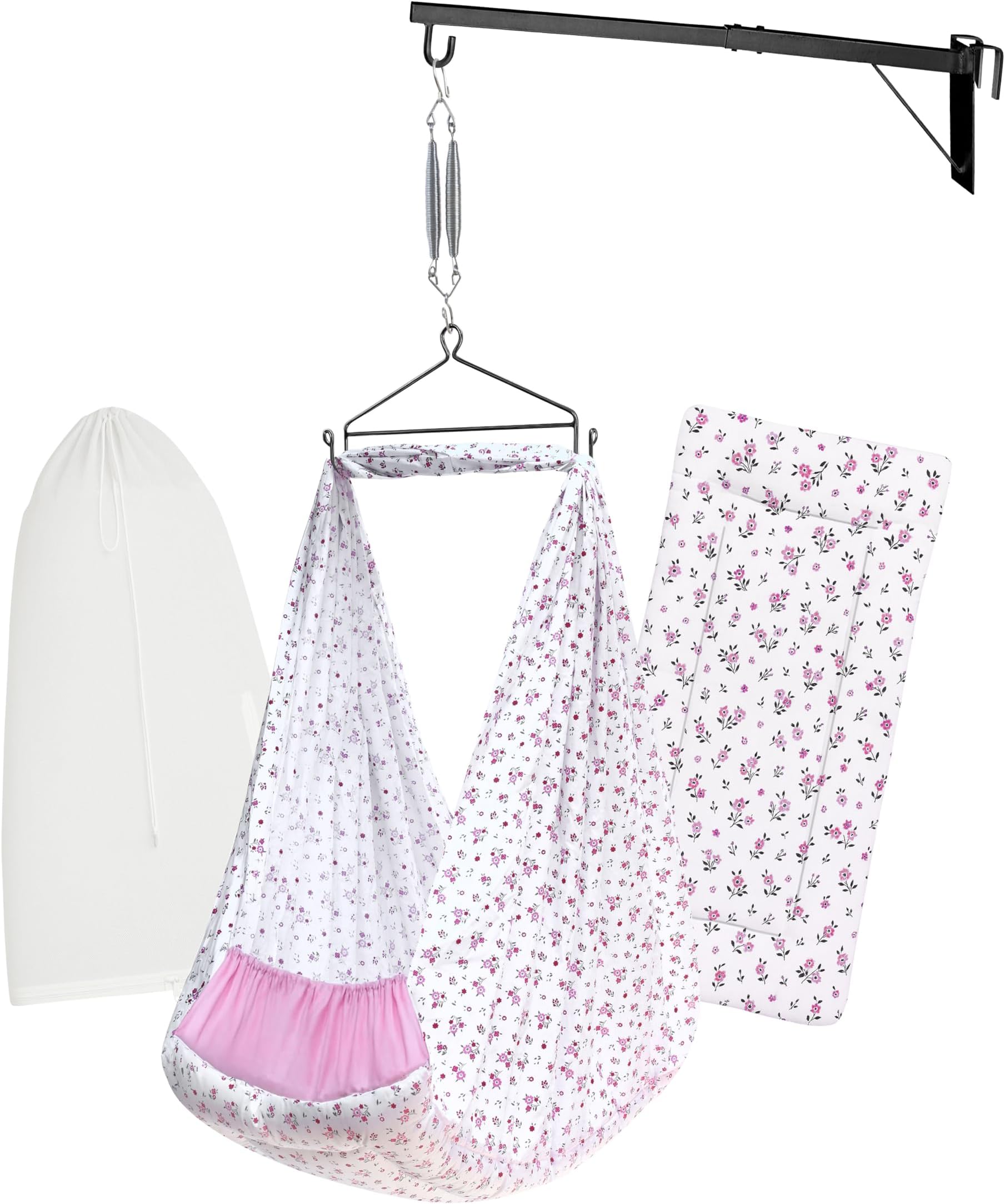 Hanging Cradle Full Set | Pure Cotton Cradle Cloth, Removable Padded Bed, Mosquito Net, Heavy-Duty Spring, Triangle & Window Hanger | Up to 15 kg | Floral Pink