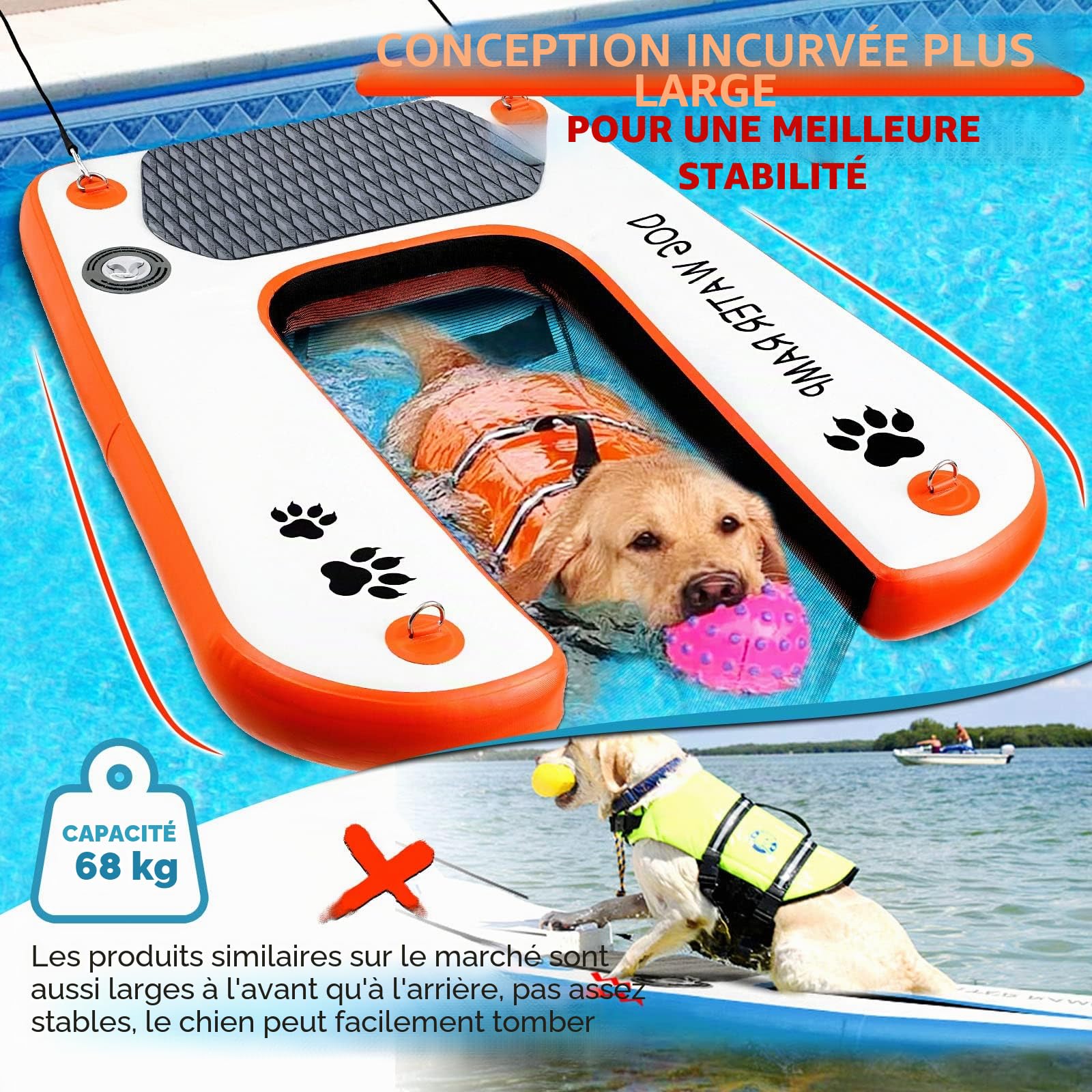 Rampe gonflable pour chien et piscine, échelle flottante extra large pour piscine, quai et bateau, rampe d'eau antidérapante pour chien avec haute stabilité, échelle de piscine pour chien de 68 kg