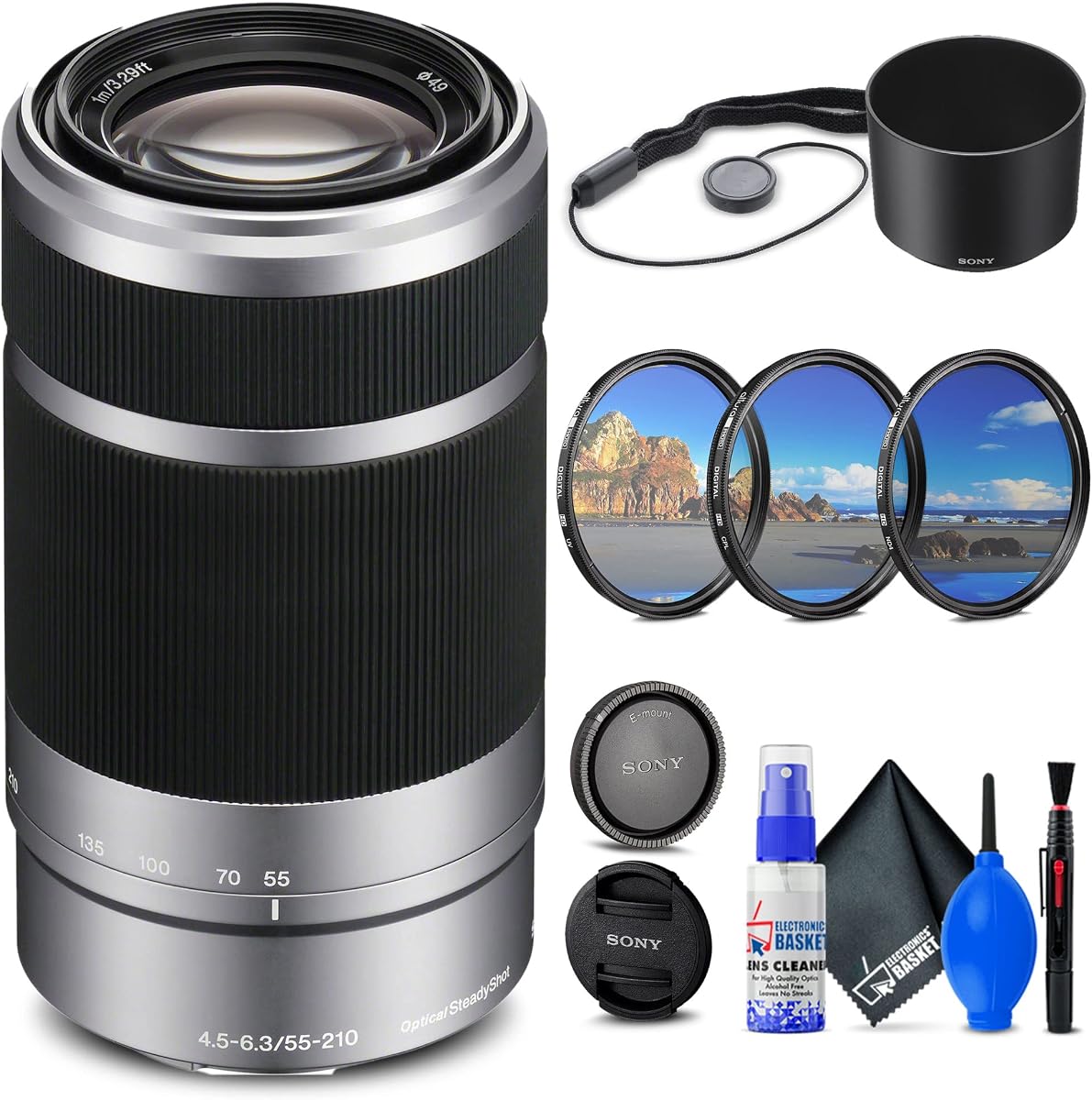 Sony E 55-210mm f/4.5-6.3 OSS Lens (Silver) (SEL55210) + Filter Kit + Lens Cap Keeper + Cleaning Kit + More (Renewed) | For Photography & Video | Includes Filter Kit + Cleaning Kit + Cap Keeper + More