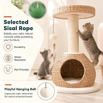 PETSITE 28-inch Modern Cat Tree, Small Cute Cat Tower Sisal Scratching Post, Hand-Made Wicker Condo and Top Perch, Interative Dangling Ball, Ideal for Indoor Cats