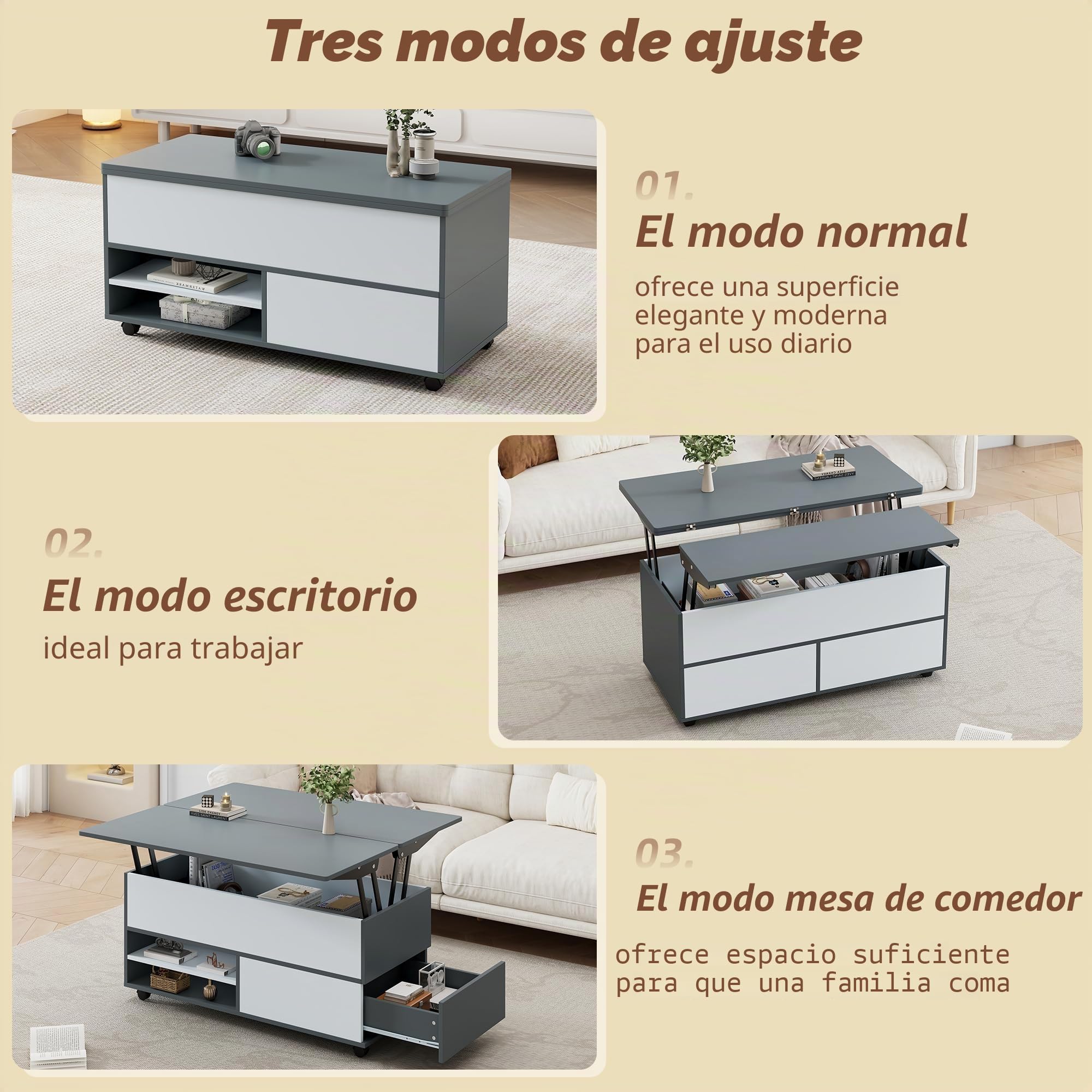 Mesa de café regulable en altura con espacio de almacenamiento oculto y estante, mesa de salón con ruedas y cajones, mesa de comedor multifuncional con espacio de almacenamiento, empalmes gris-blanco