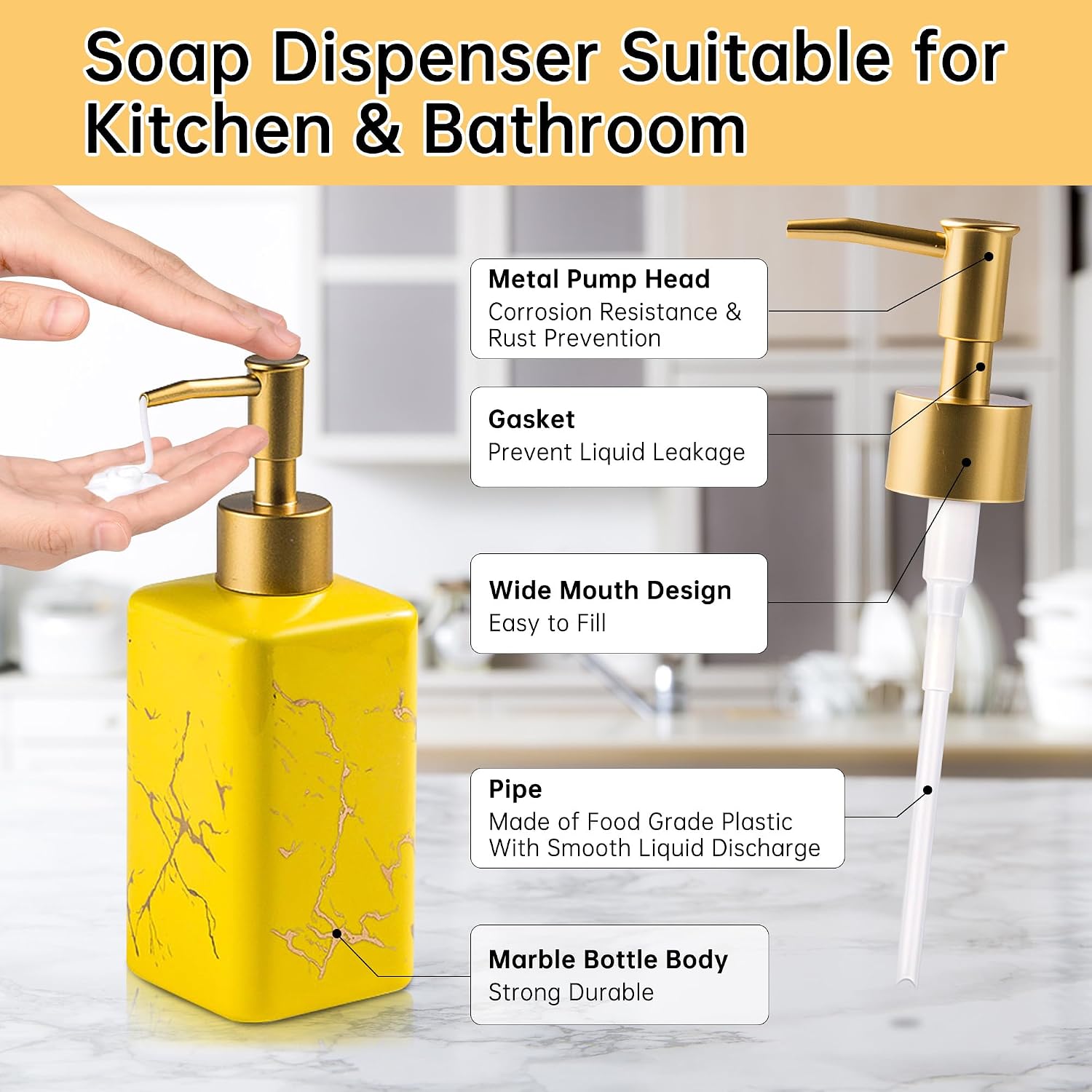 Gold Soap Dispenser for Bathroom Countertop, Square Yellow Dish Soap Dispenser Pump Bottle with Golden Stripes for Kitchen Sink Laundry Shower Lotion, Ceramic Hand Dispenser Pump for Soap Liquid image 5