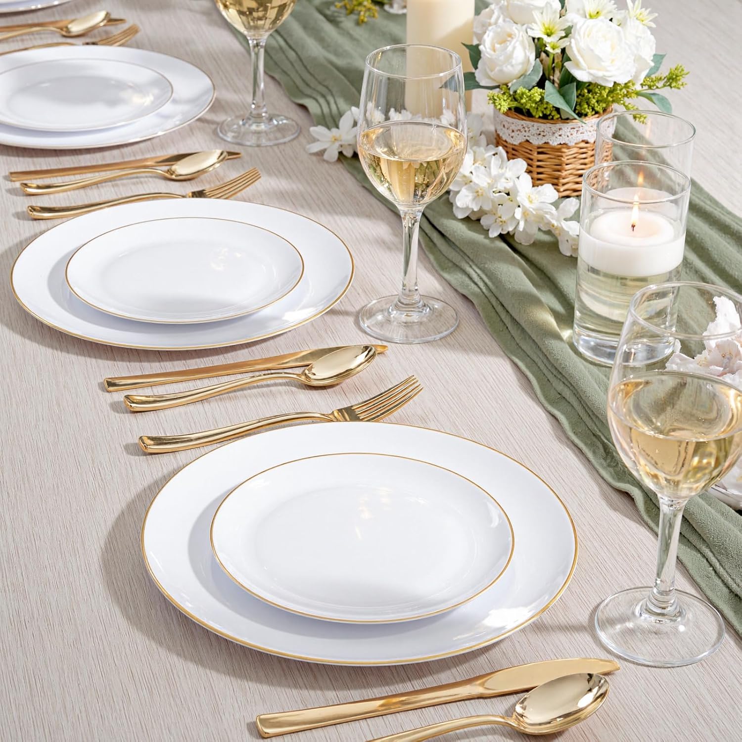 KIRE 100PCS Disposable Plates - White with Gold Rim for Christmas Party/Wedding - Includes 50Pieces 10.25inch Dinner and 50Pieces 7.5inch Dessert/Salad Plates - Image 4