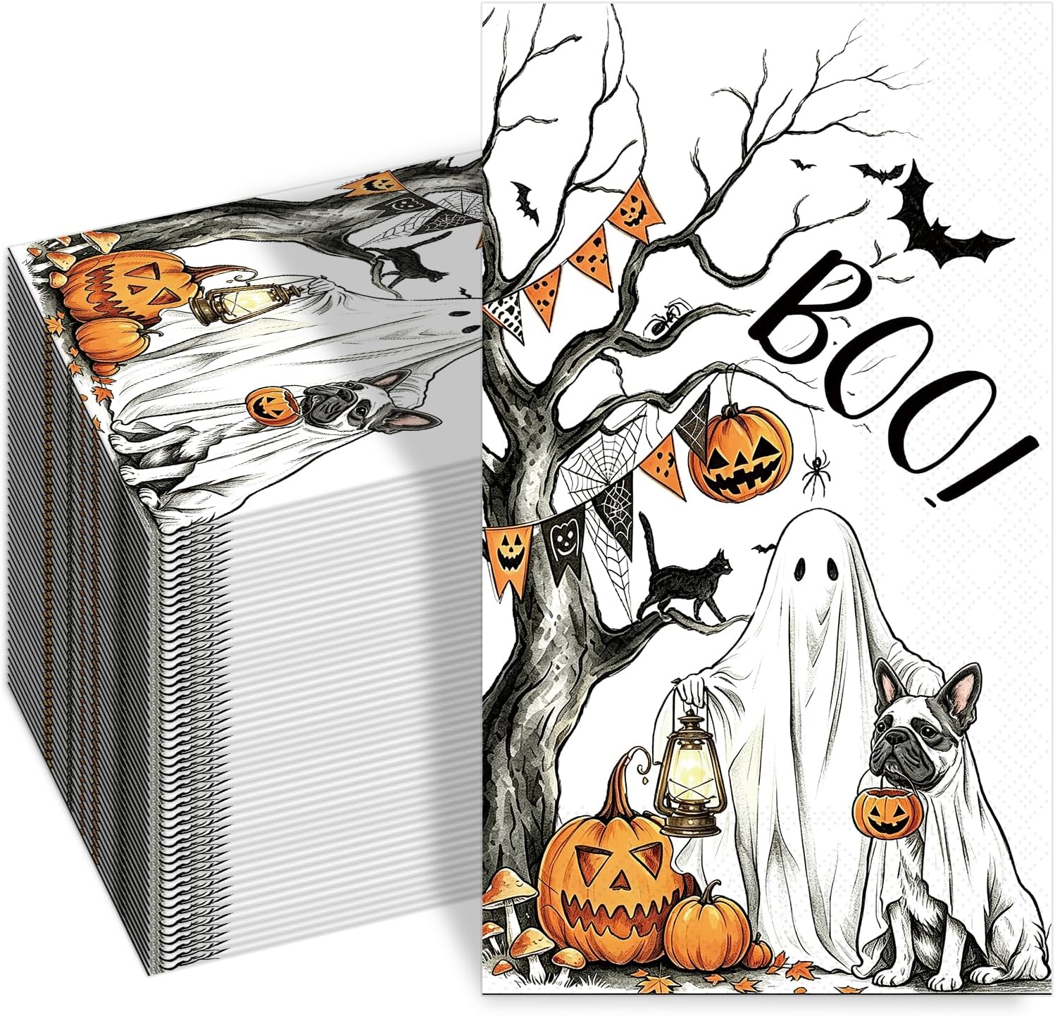 100PCS Halloween Paper Napkins Boo Ghost French Bulldog Disposable Dinner Napkins Pumpkin Black Cat Bat Spider Web Spooky Tree Decorative Napkin for Halloween Party Table Decor Supplies