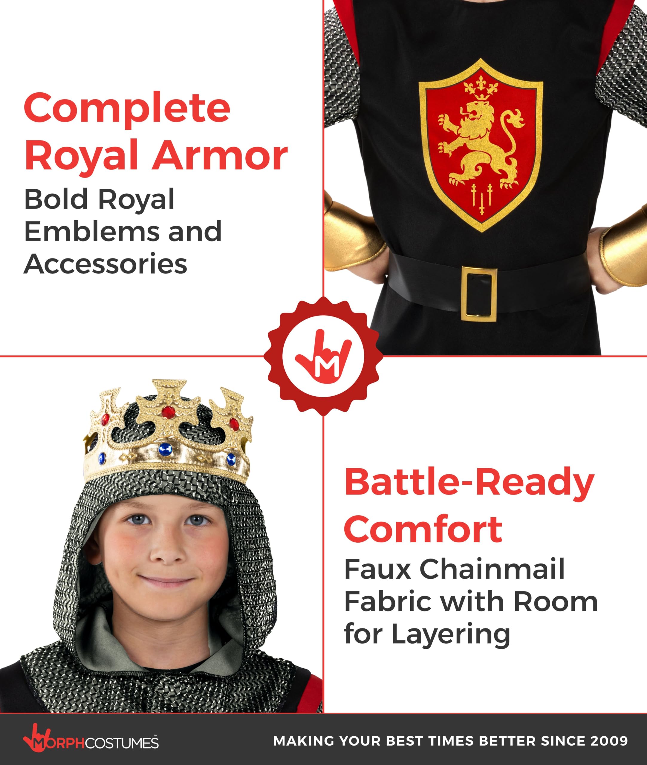 Morph Costume Cavaliere Bambino, Costume Medievale Halloween Bambino | Tunica, Cappuccio, Corona, Cintura & Guanti, Perfetto per Halloween, Ideale per il Gioco di Ruolo