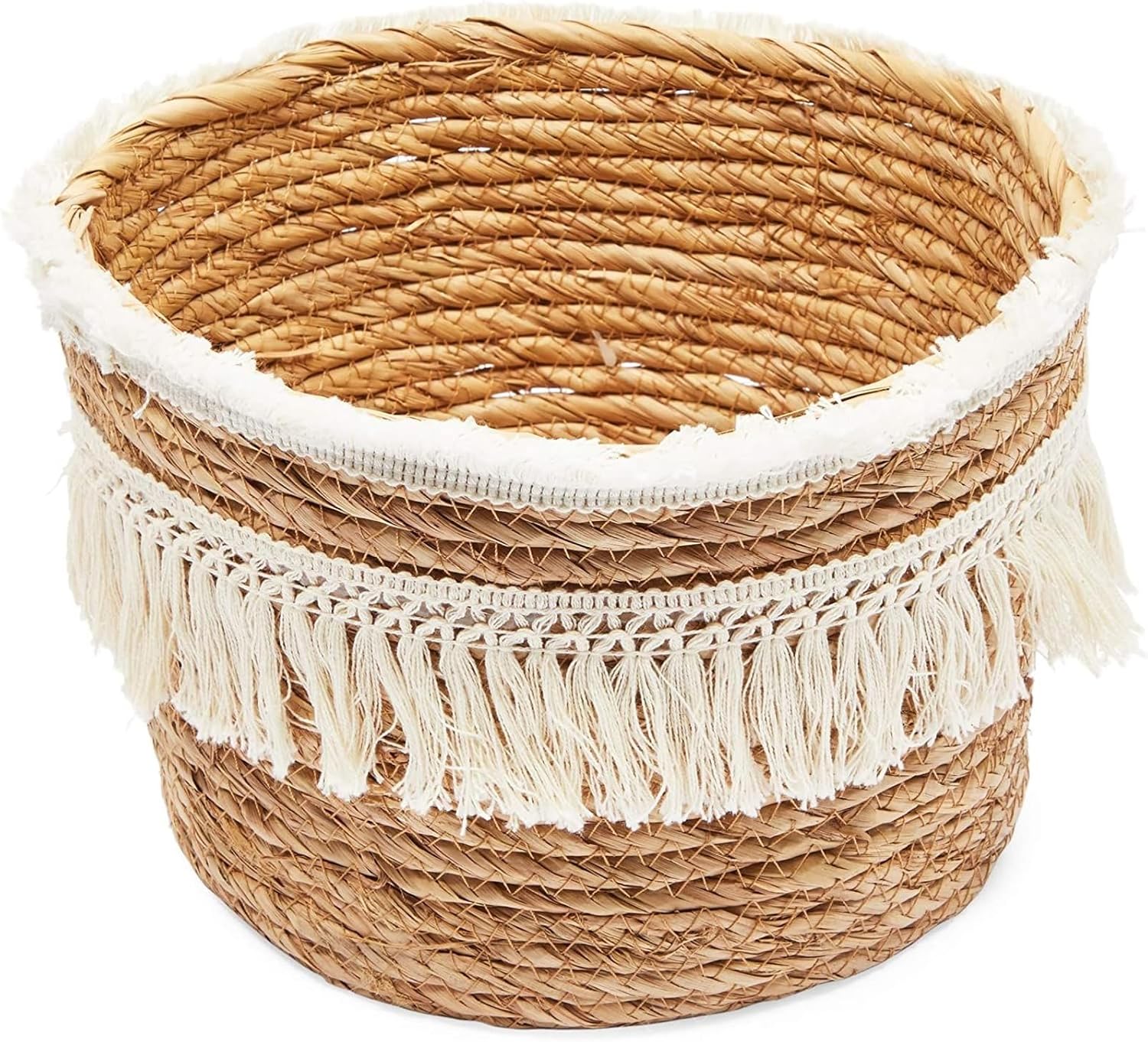 Boho Natural Woven Round Storage Baskets with Fringe, Set of 2