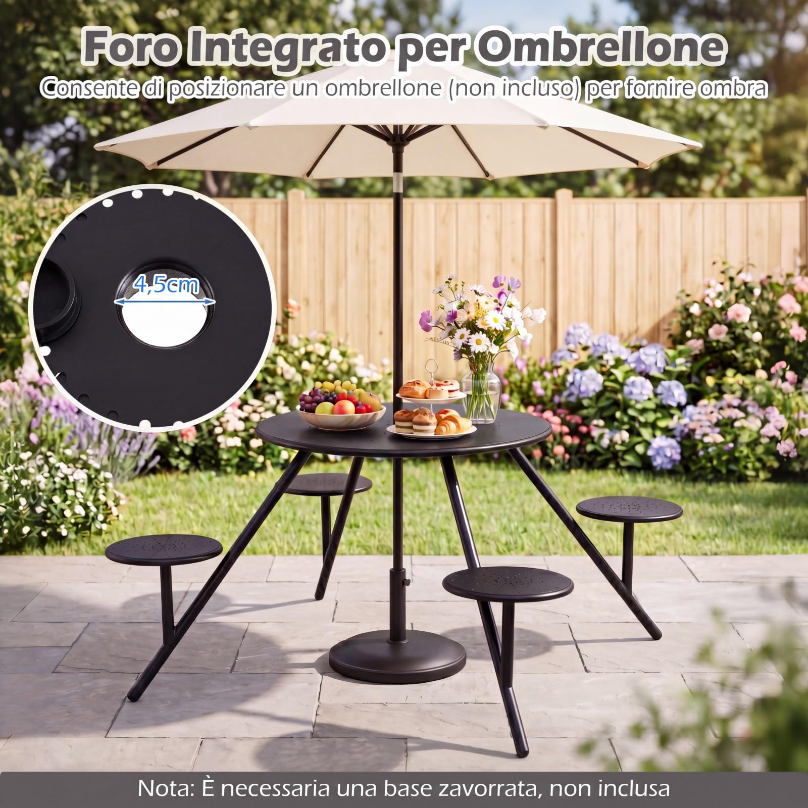 COSTWAY Set Tavolo e 4 Sedie da Campeggio, Foro Ombrellone, Metallo Zincato | Tavolo da Giardino per Cortile e Patio, Set Mobili da Pranzo Completo, 168 x 168 x 73 cm