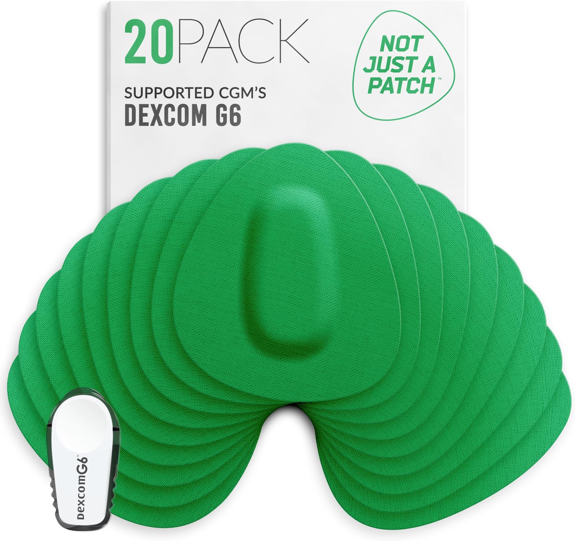 Not Just A Patch CGM Sensor Patches for Dexcom G6 & MiaoMiao (20 Pack) - Water Resistant & Durable for Active Lifestyle for 10-14 Days - Pre-Cut Dexcom G6 Adhesive Patches in Green