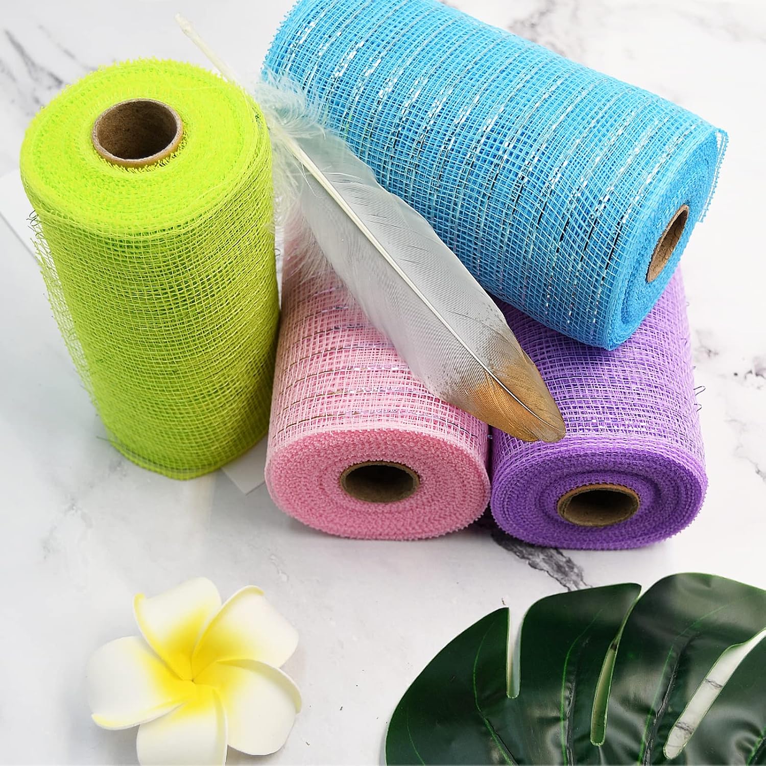 XIYAO Easter Day Poly Mesh Ribbon Deco Metallic Fall Mesh Metallic Foil Pink Purple Blue Green Mesh Rolls for DIY Easter Project Wreaths Party Decorations Wrapping Craft, 4 Rolls