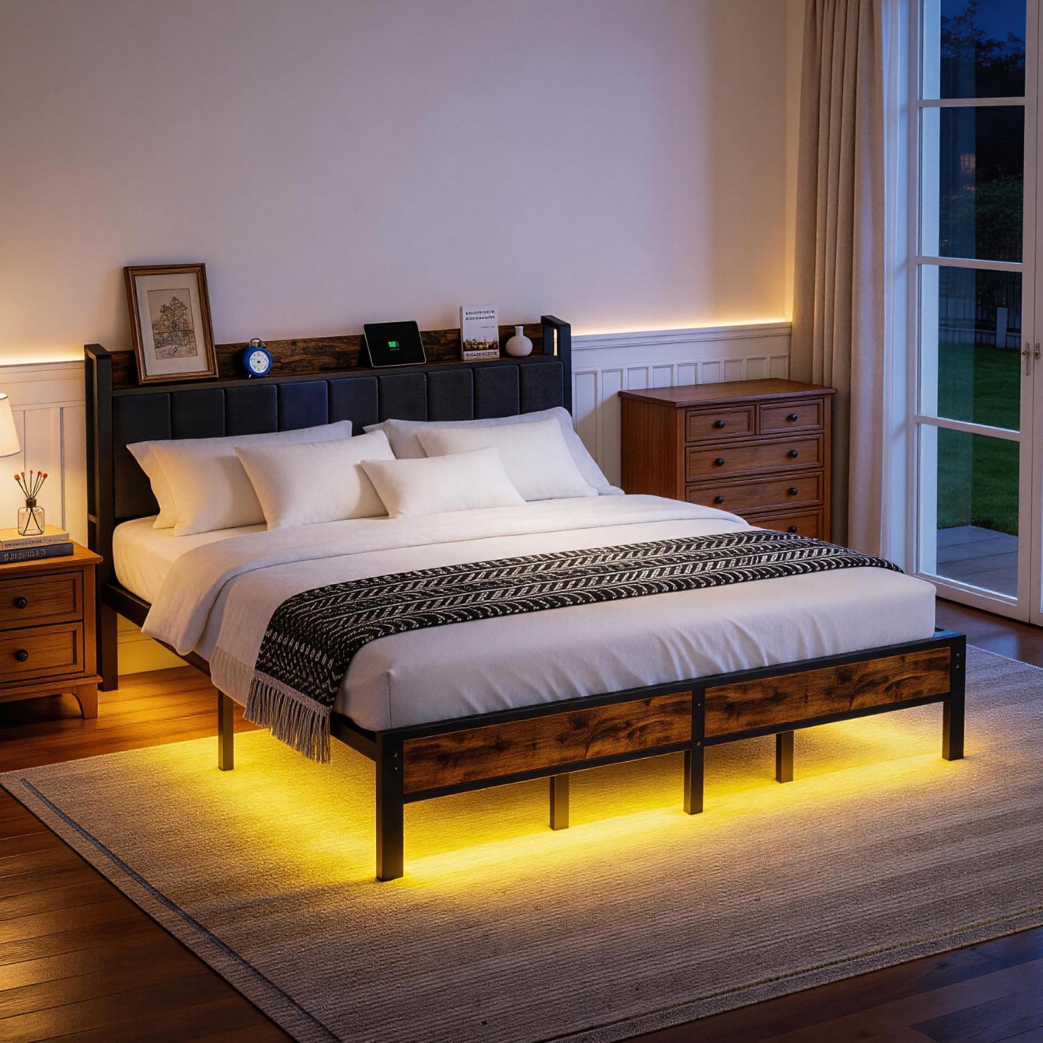 King Size Bed Frame with Charging Station, Storage Headboard with Smart LED Lights, Metal Platform Bed Frame with USB Ports, Noise Free, No Box Spring Needed, Easy Assembly