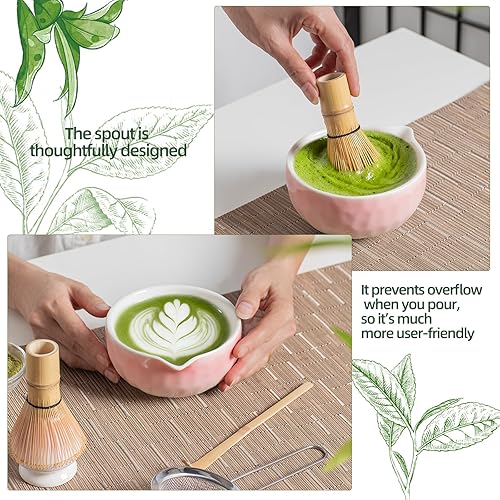 Miniatura 7 de Juego de té Matcha cuenco japonés de cerámica matcha, batidor de bambú, cuchara, tamiz y soporte de Chasen para lattes y desayuno, perfecto para