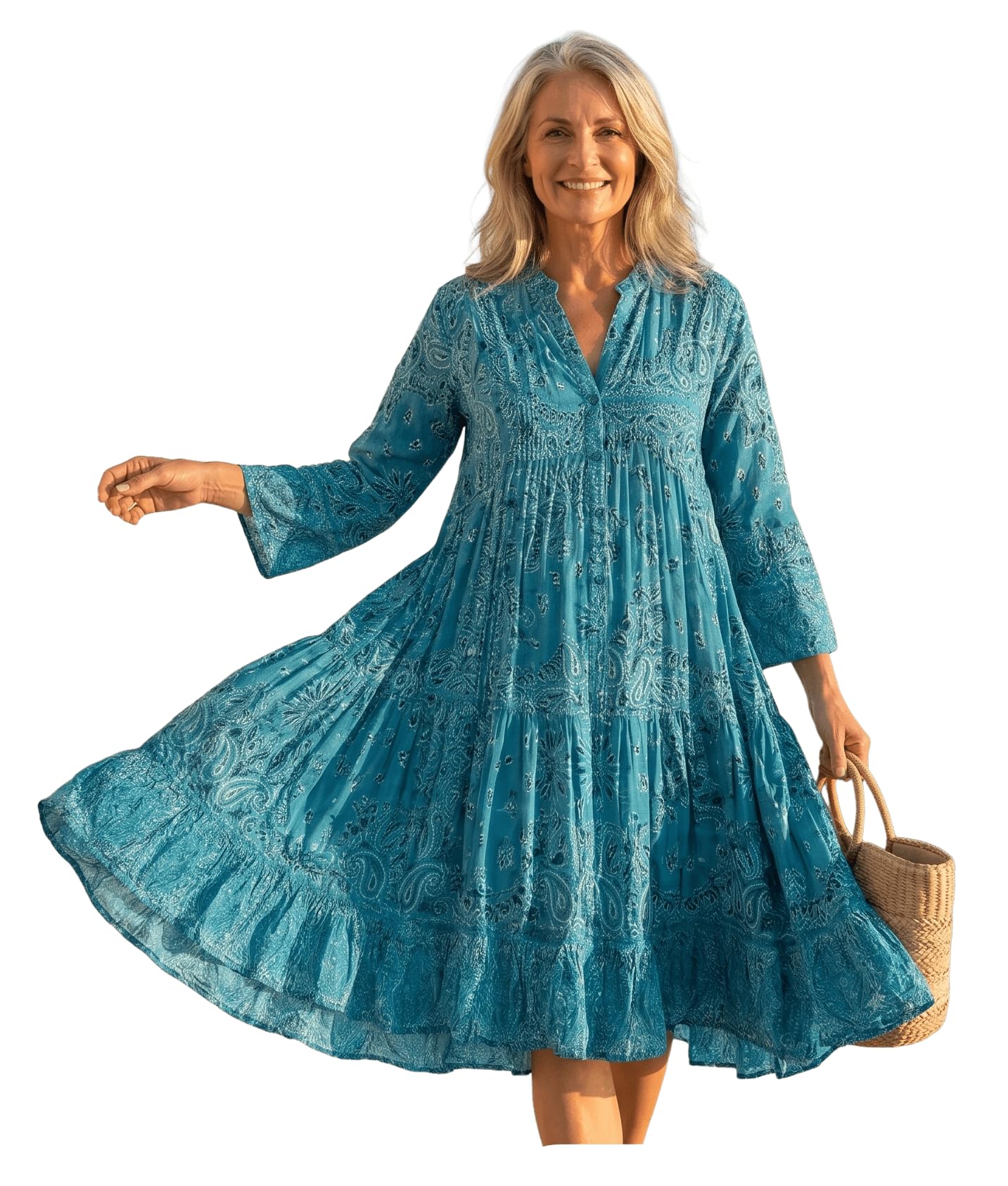 Antica Sartoria - Vestido Herculano 89 en Algodon Estampado, Cuello Mao y Abertura Delantera. Mangas 3/4, teminacion de Cenefa en Mangas y bajo. Talla Unica Muy Amplia