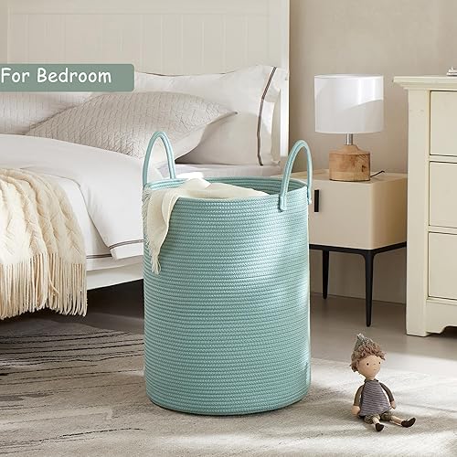 Miniatura 2 de MOJOSCEND Cesta de ropa sucia de cuerda de algodón de 58 litros, cesta de almacenamiento alta tejida para manta, cesta de ropa grande para