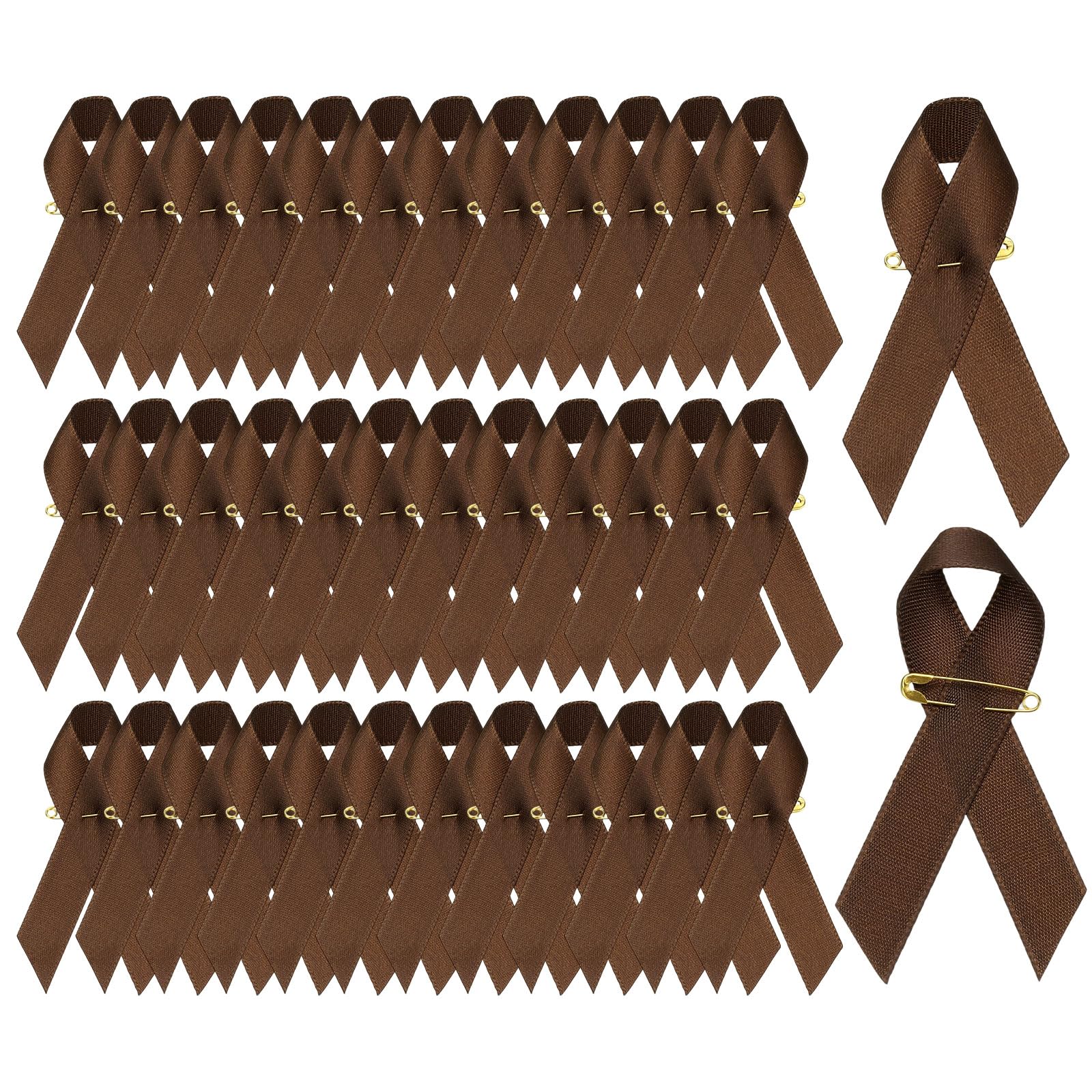 YELARXI Satin Awareness Ribbons, Satin Ribbon with Pins - Fitting for (Charity Public - Social Event - Party Event - Clothing Decoration) 100 Pcs & 3 Inch & Brown